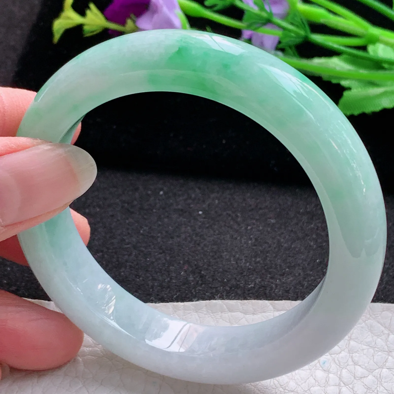 hf实拍56*12.8*9.2平安镯 缅甸翡翠a货玉手镯飘绿厚装宽边玉手环