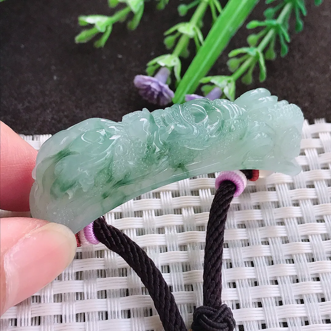 实拍A货翡翠55/11.7/14.5老坑冰润起胶飘花望子成龙手牌吊坠翡翠玉牌