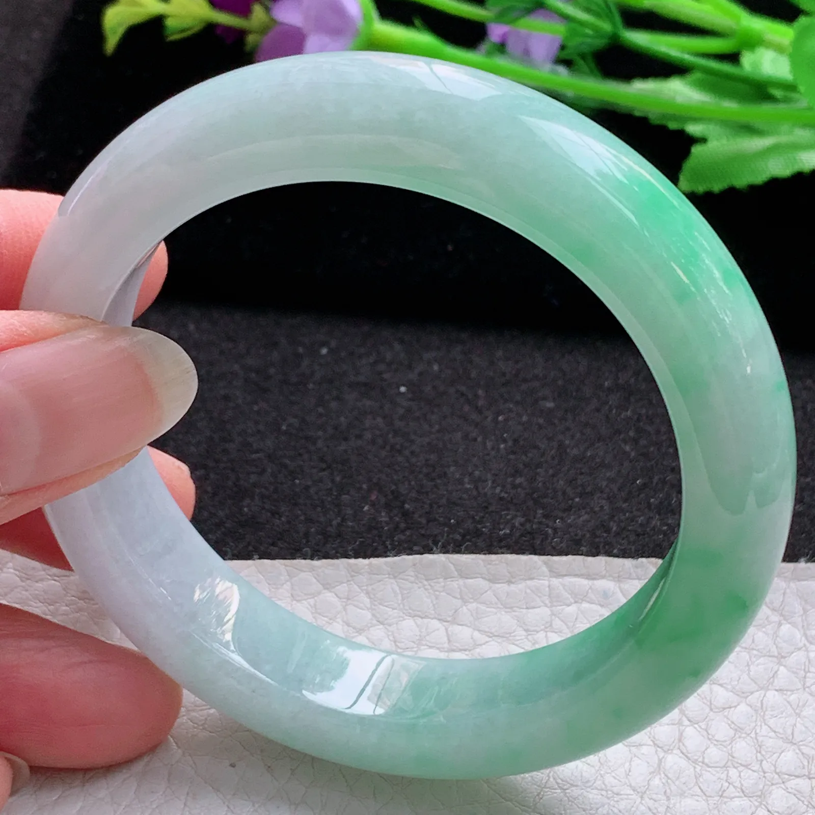 hf实拍56*12.8*9.2平安镯 缅甸翡翠a货玉手镯飘绿厚装宽边玉手环