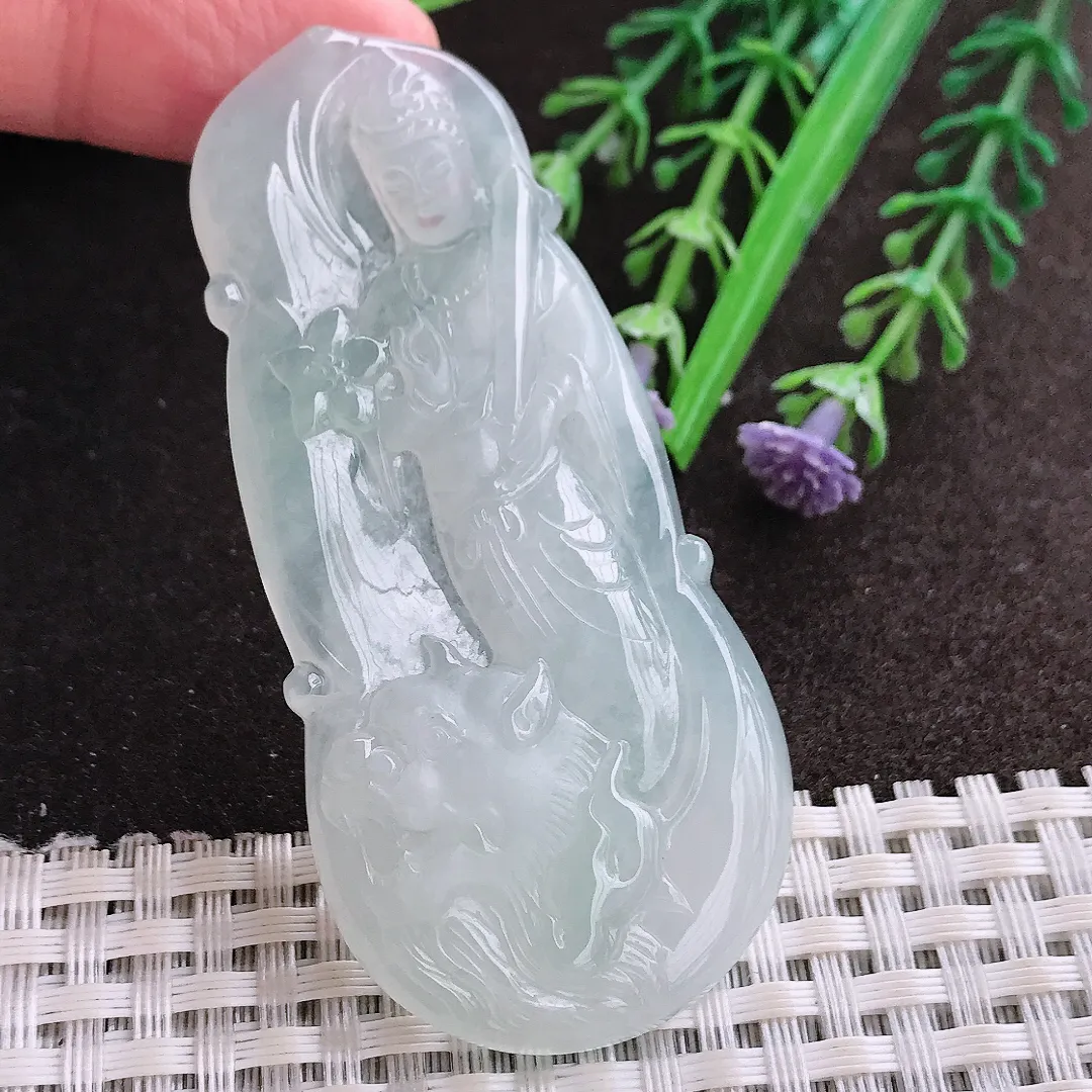实拍A货翡翠69/32.4/5.5老坑冰纯起胶文殊菩萨吊坠翡翠玉牌挂件