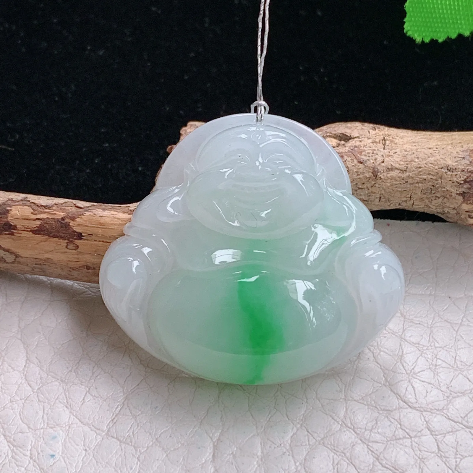 qxm实拍32*36*9.9缅甸翡翠精雕冰胶白底青佛公 开心佛玉吊坠 玉挂件