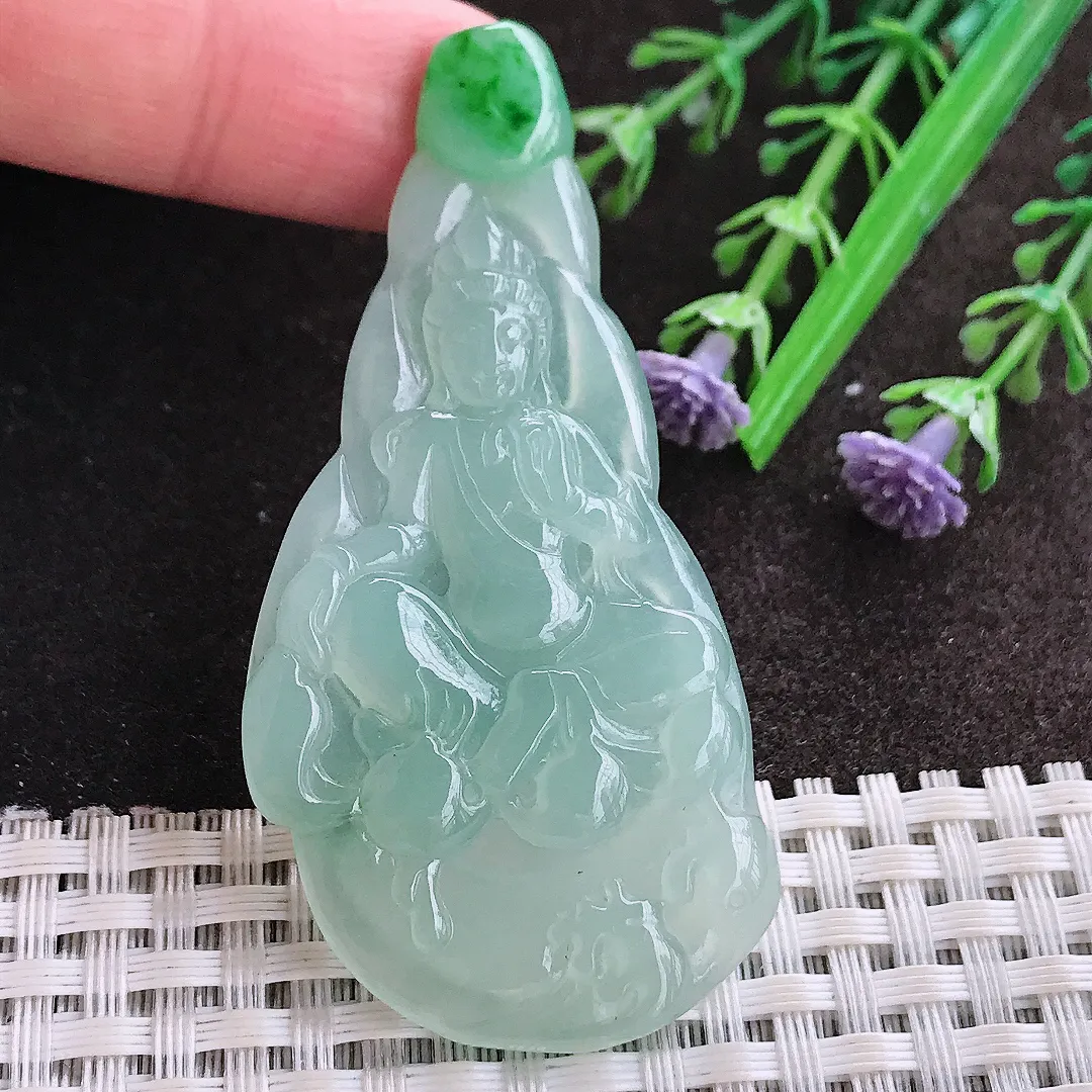 实拍A货翡翠65/31/4.6老坑冰胶水灵冰晴绿赐福观音吊坠翡翠玉牌挂件