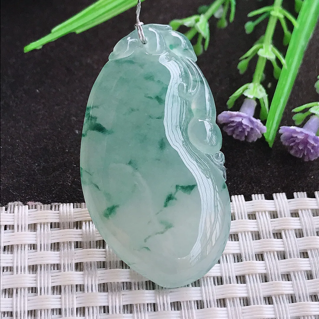 实拍A货翡翠47.5/26/6.4老坑冰胶果冻冰飘花福瓜吊坠翡翠玉牌挂件