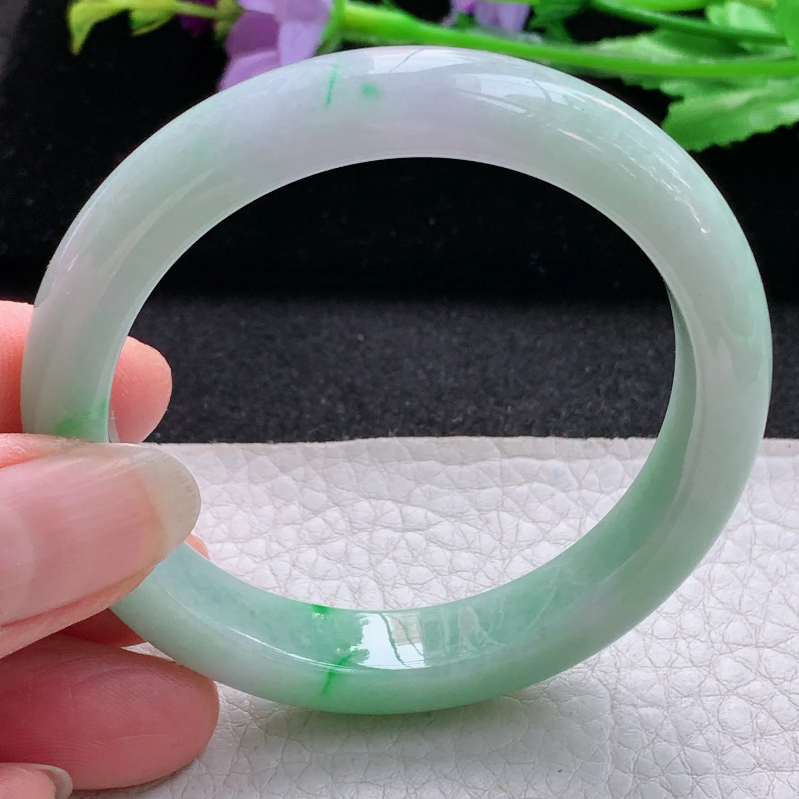 hf小圈口52*10.8*7.8平安镯 缅甸翡翠a货玉手镯秀气春带彩宽边玉手环