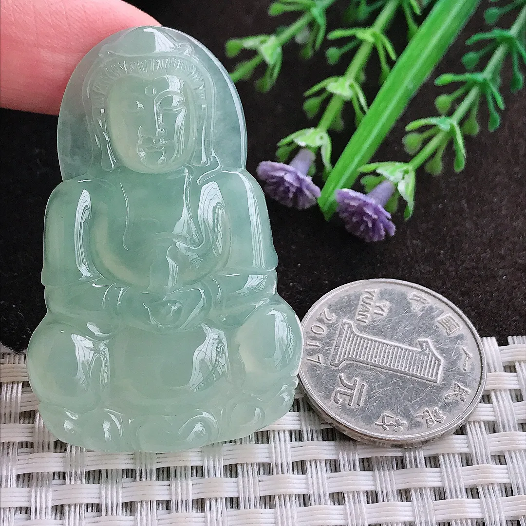 实拍A货翡翠51/33.8/5.3老坑冰胶冰晴满甜绿观音菩萨吊坠翡翠玉观音挂件