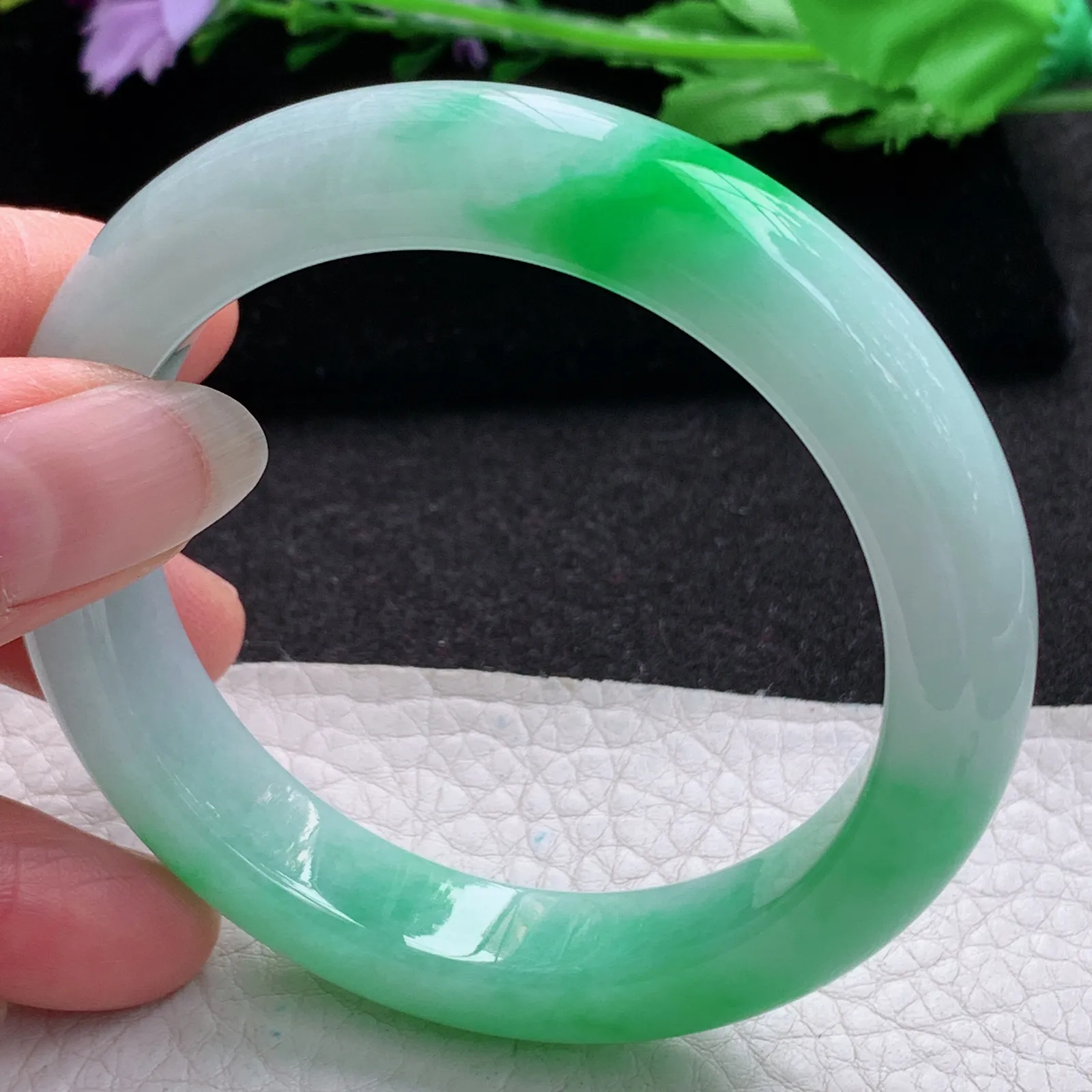 xo实拍55.5*12*9平安镯 缅甸翡翠a货玉手镯冰绿宽边玉手环