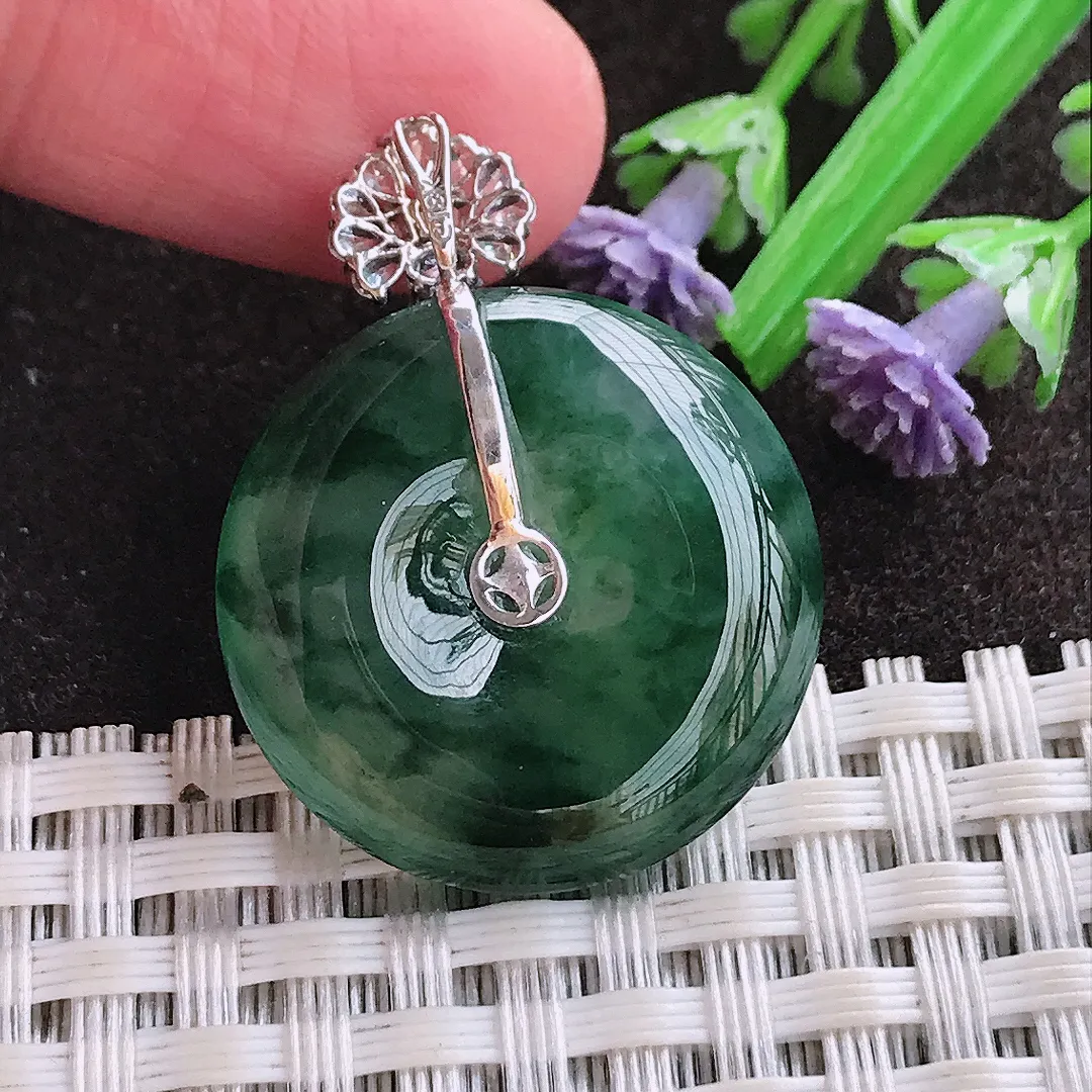 实拍A货翡翠24.2/5.8老坑18k金镶嵌冰胶飘花平安扣吊坠翡翠玉扣挂件