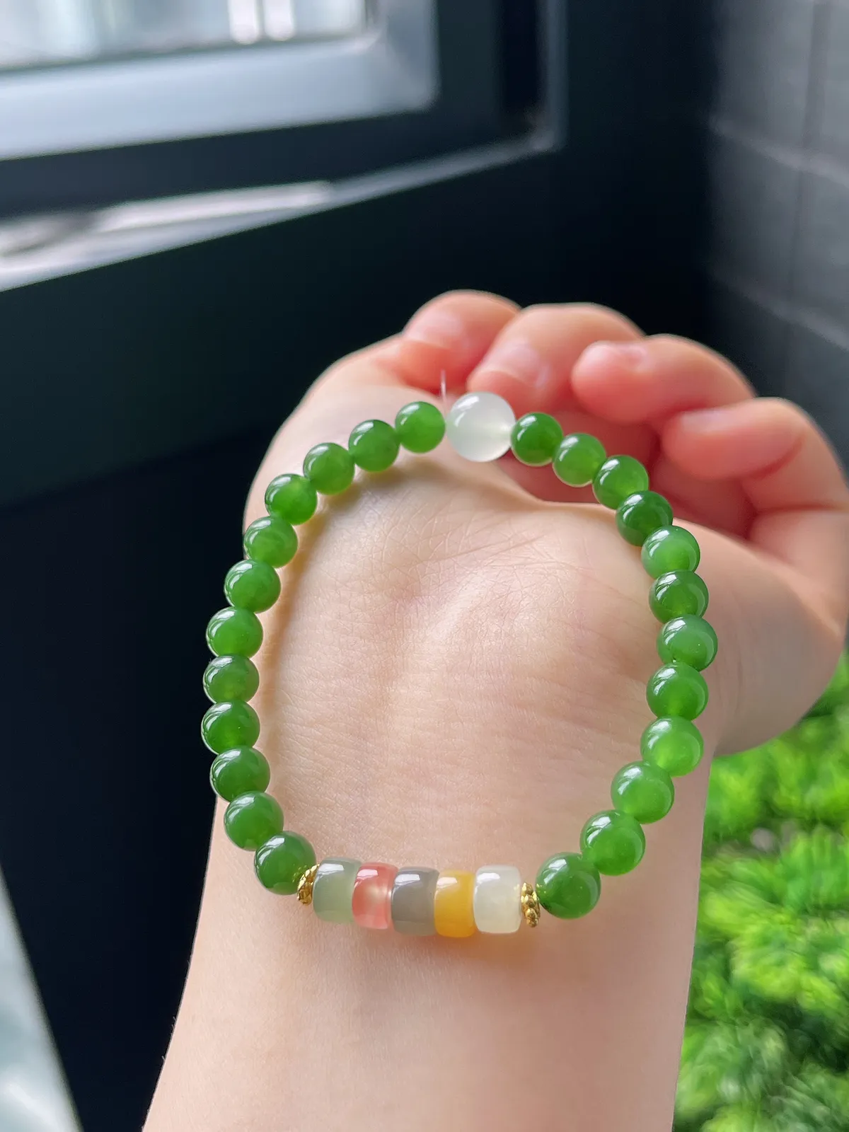 18K和田玉碧玉配彩珠手串6mm