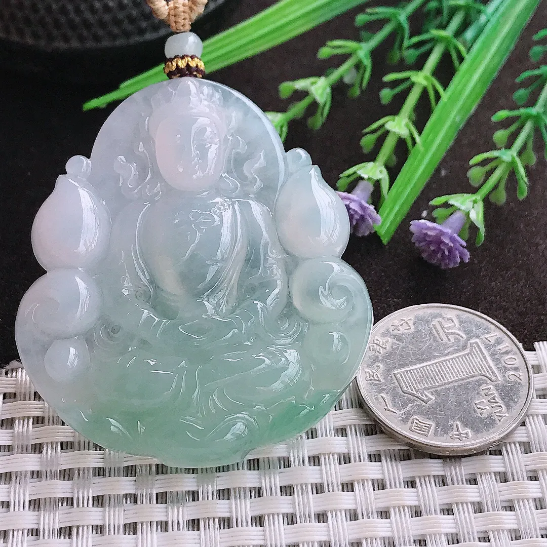 实拍A货翡翠53/48.6/6.8老坑冰胶水灵冰晴绿赐福观音吊坠翡翠玉观音挂件