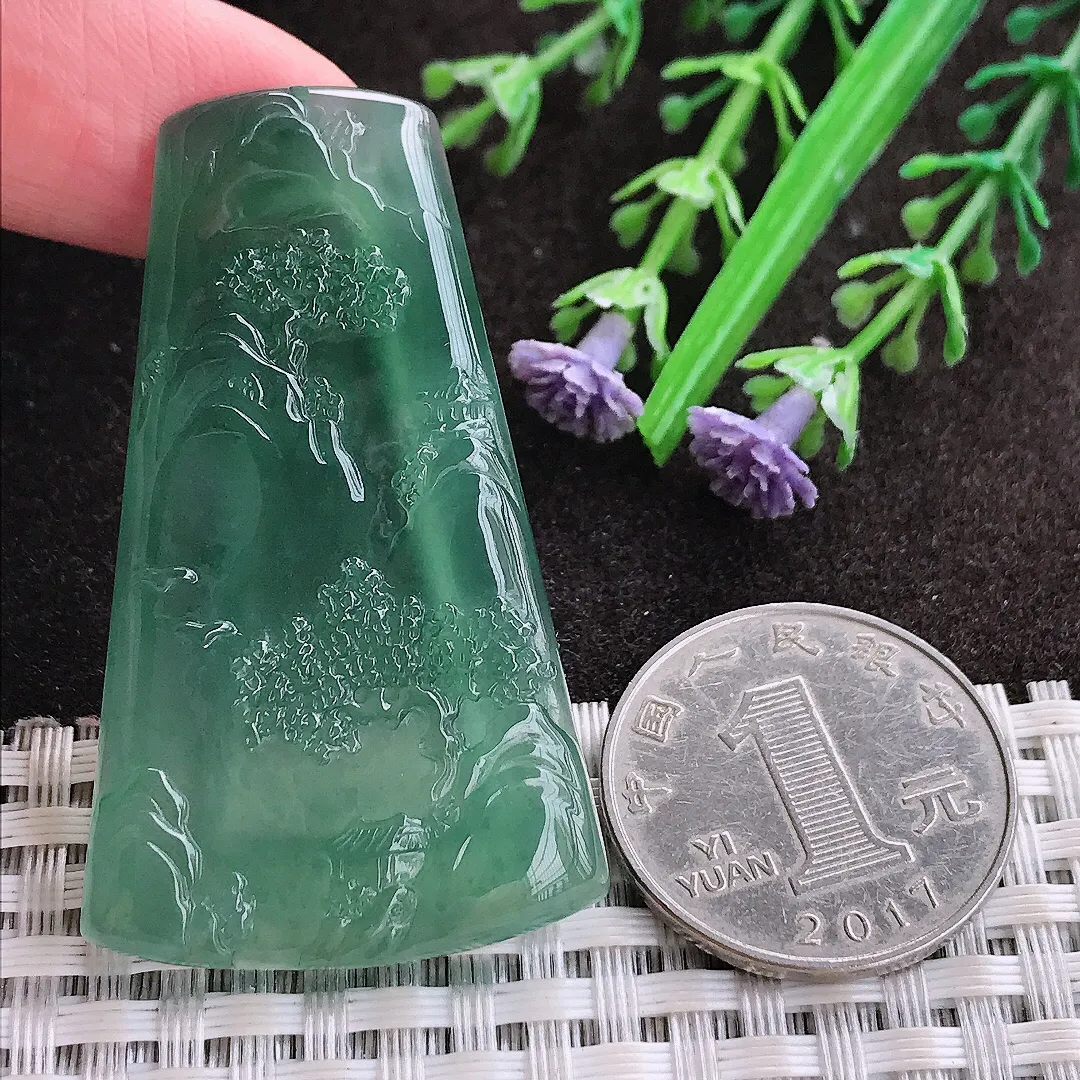 实拍A货翡翠50.5/30/4.7老坑冰种起胶冰蓝蓝韵山水牌吊坠翡翠玉牌挂件