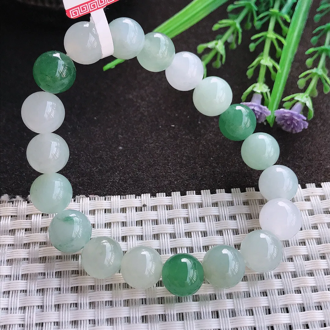 实拍A货翡翠10/19颗老坑冰胶水灵圆珠手链翡翠玉珠手串女