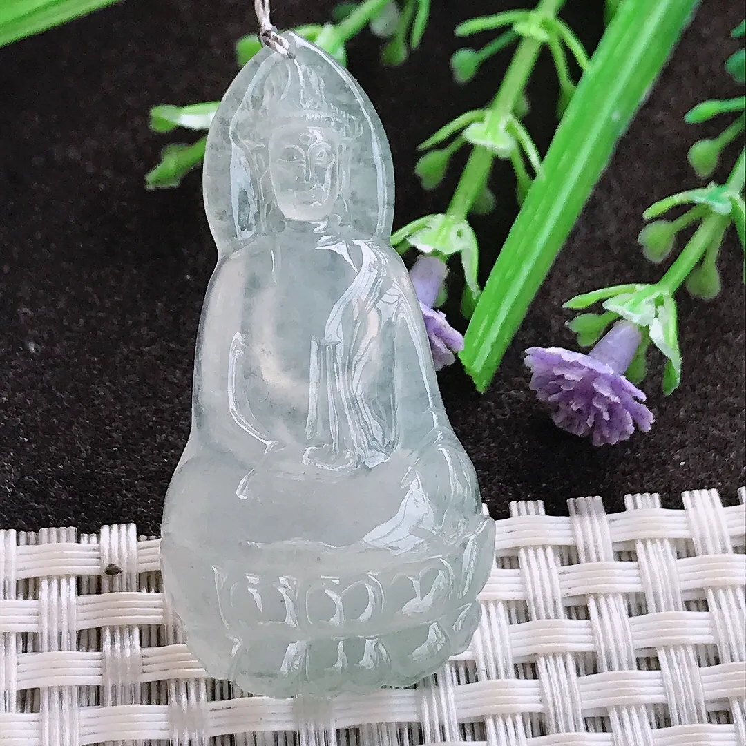 实拍A货翡翠44/22.5/5.5老坑冰种起胶冰晴素衣观音吊坠翡翠玉牌挂件