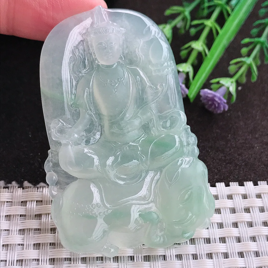 实拍A货翡翠64/42.5/6老坑冰胶果冻冰晴绿普贤菩萨吊坠翡翠玉观音挂件