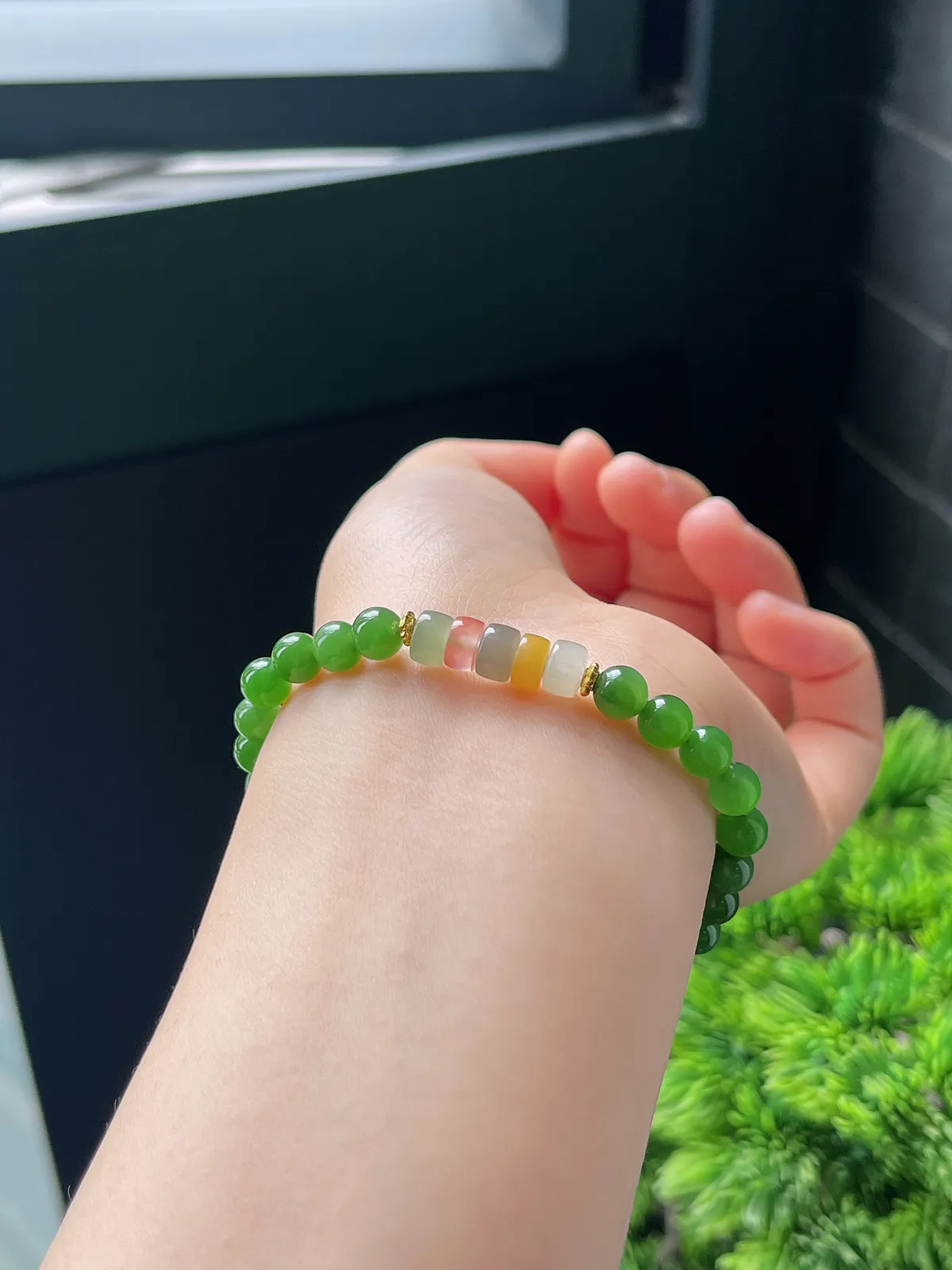 18K和田玉碧玉配彩珠手串6mm