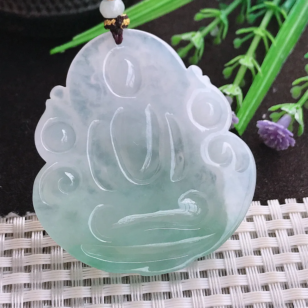 实拍A货翡翠53/48.6/6.8老坑冰胶水灵冰晴绿赐福观音吊坠翡翠玉观音挂件