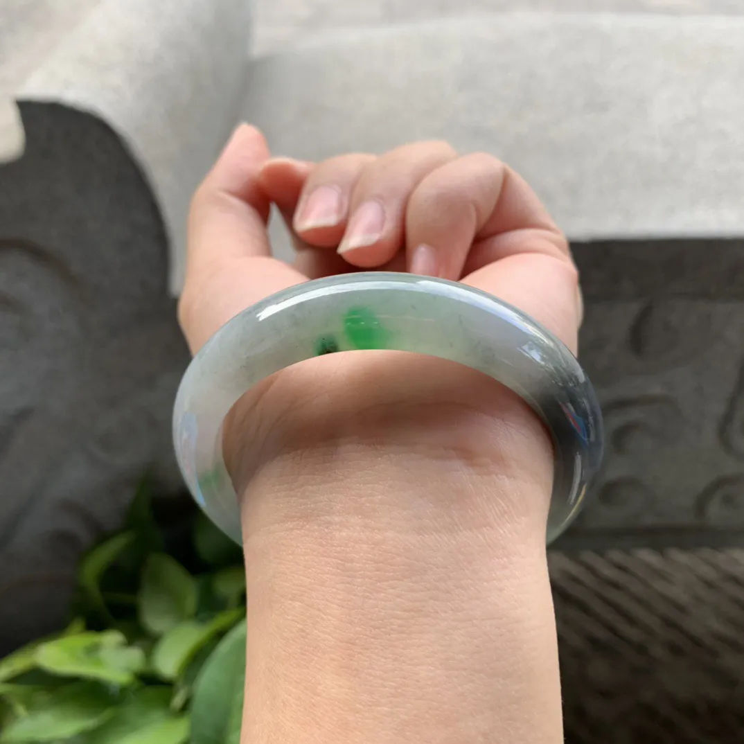 圈口 54.8-12.8-7.9【乌鸡飘绿正圈手镯】正圈54 55可戴