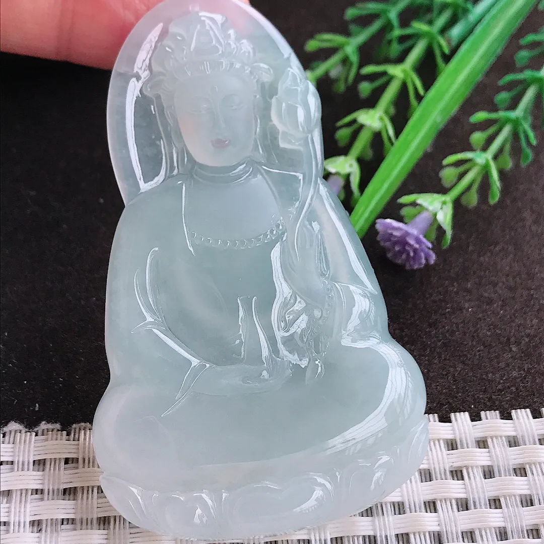 实拍A货翡翠70/42.3/6老坑冰胶果冻冰晴持莲观音吊坠翡翠大势至菩萨挂件