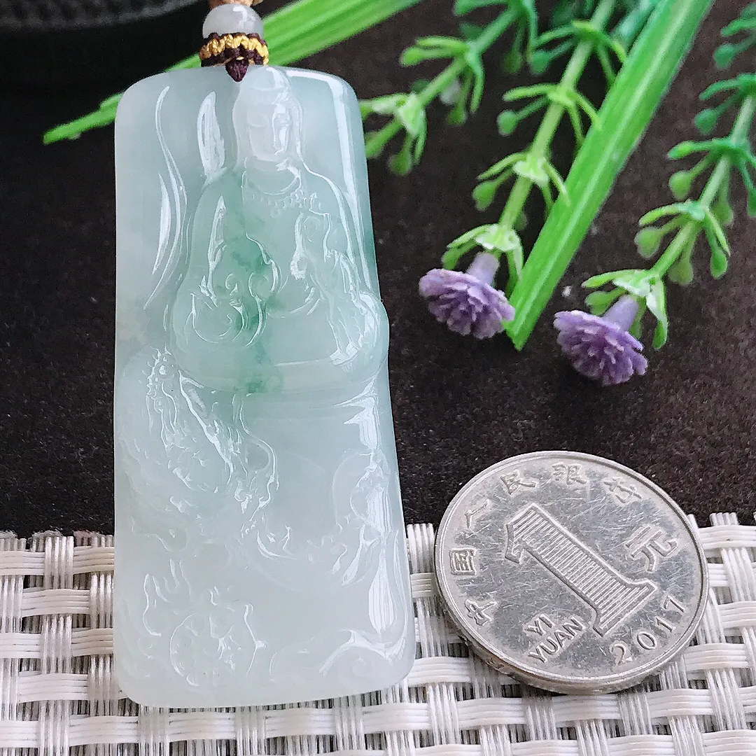 实拍A货翡翠56/25.7/5.3老坑冰胶果冻飘花御龙观音吊坠翡翠玉牌挂件