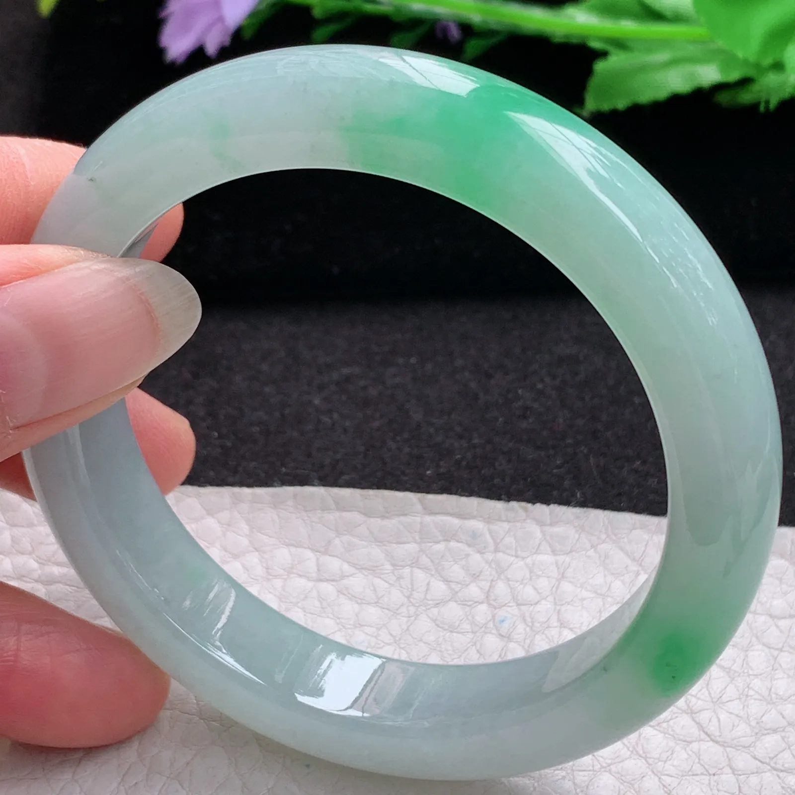 xo实拍57*12.8*9平安镯 缅甸翡翠a货玉手镯冰飘绿宽边玉手环