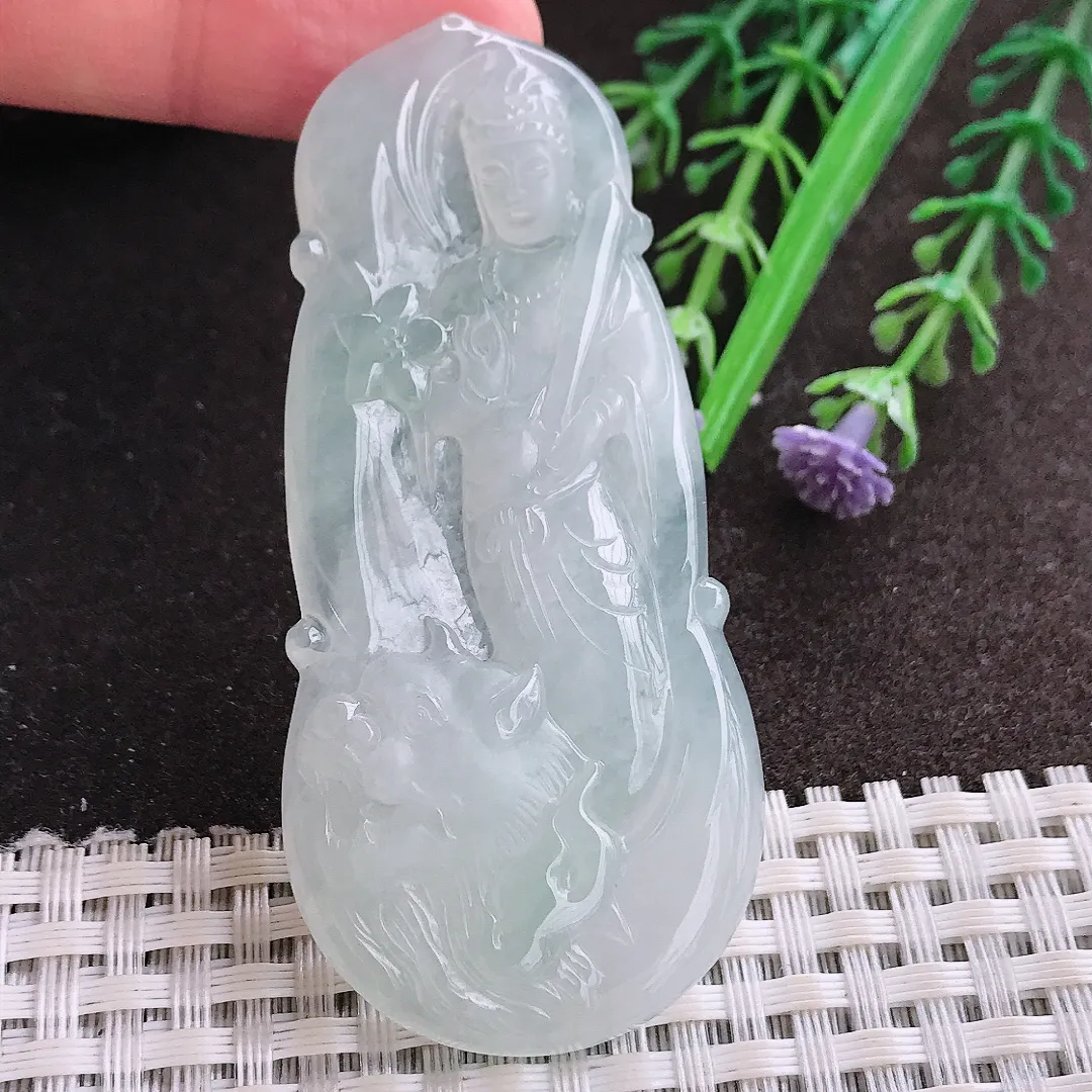 实拍A货翡翠69/32.4/5.5老坑冰纯起胶文殊菩萨吊坠翡翠玉牌挂件