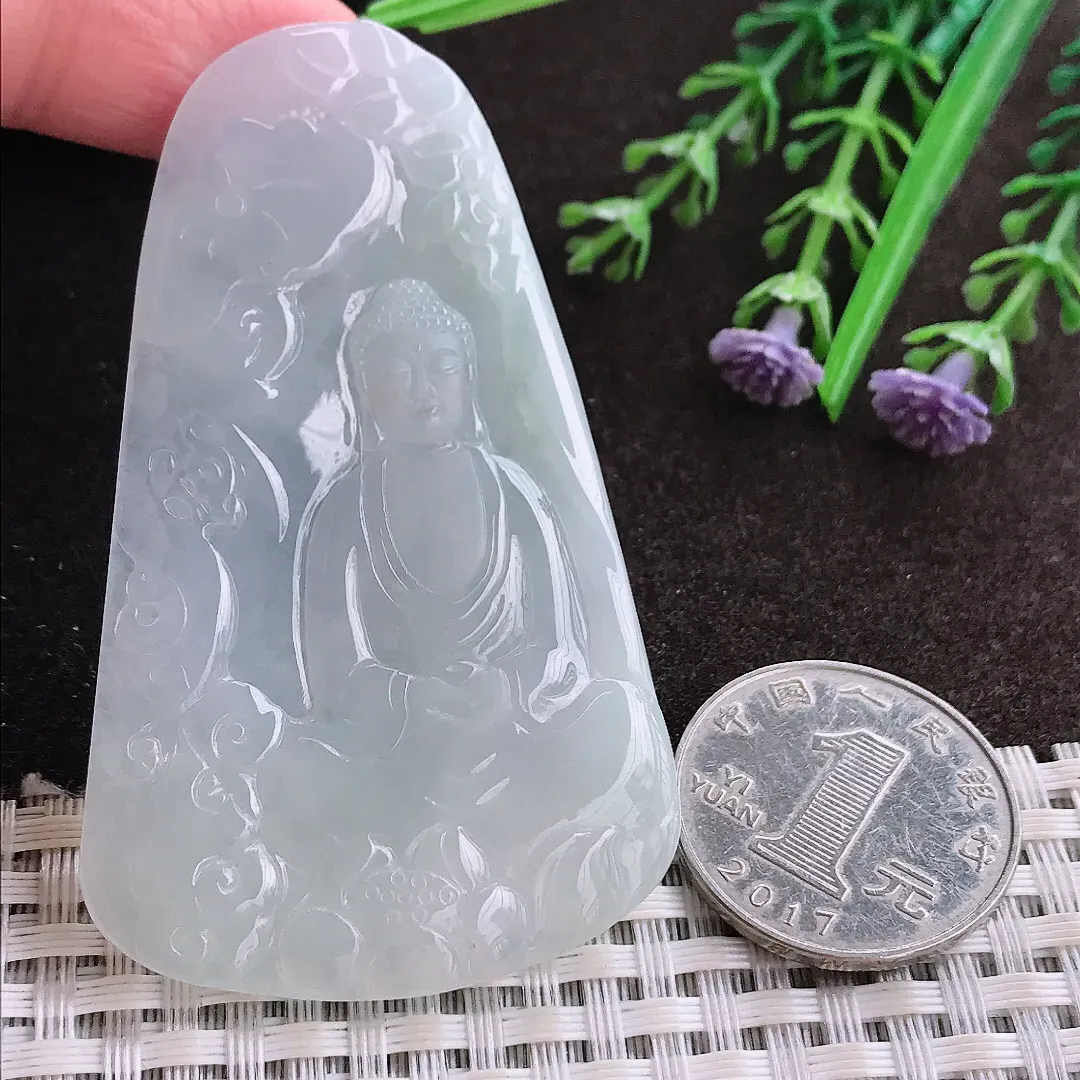 实拍A货翡翠68.5/41.8/4.8老坑冰润起胶大日如来佛祖吊坠翡翠玉牌挂件