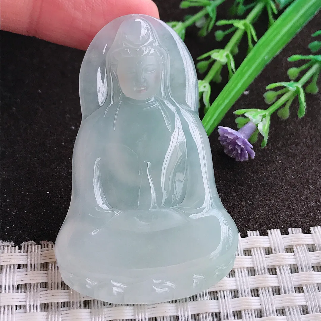 实拍A货翡翠55/36/5.8老坑冰胶水灵冰晴素衣观音吊坠翡翠玉牌挂件