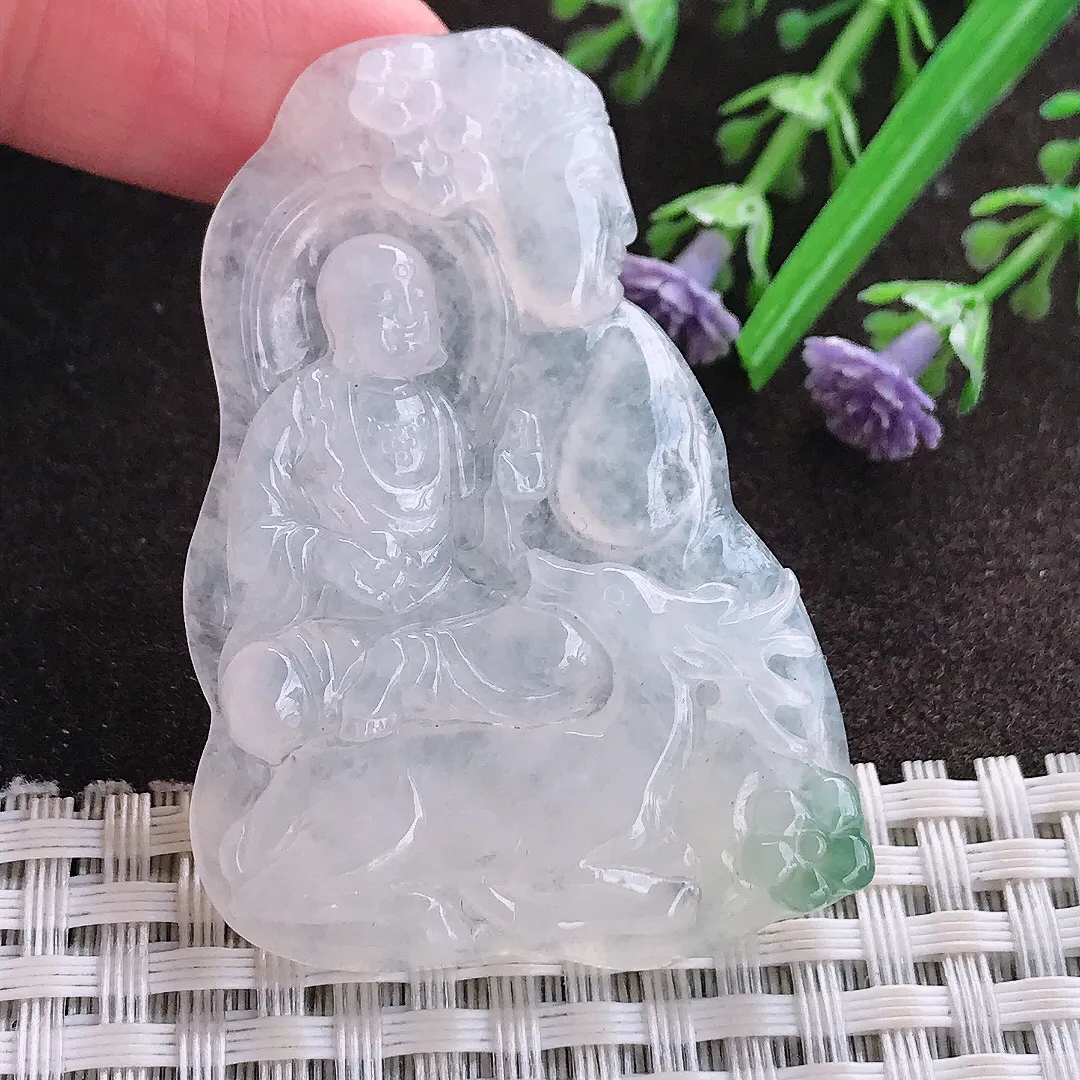 实拍A货翡翠52/36/5.5老坑冰润起胶地藏王菩萨吊坠翡翠玉牌挂件