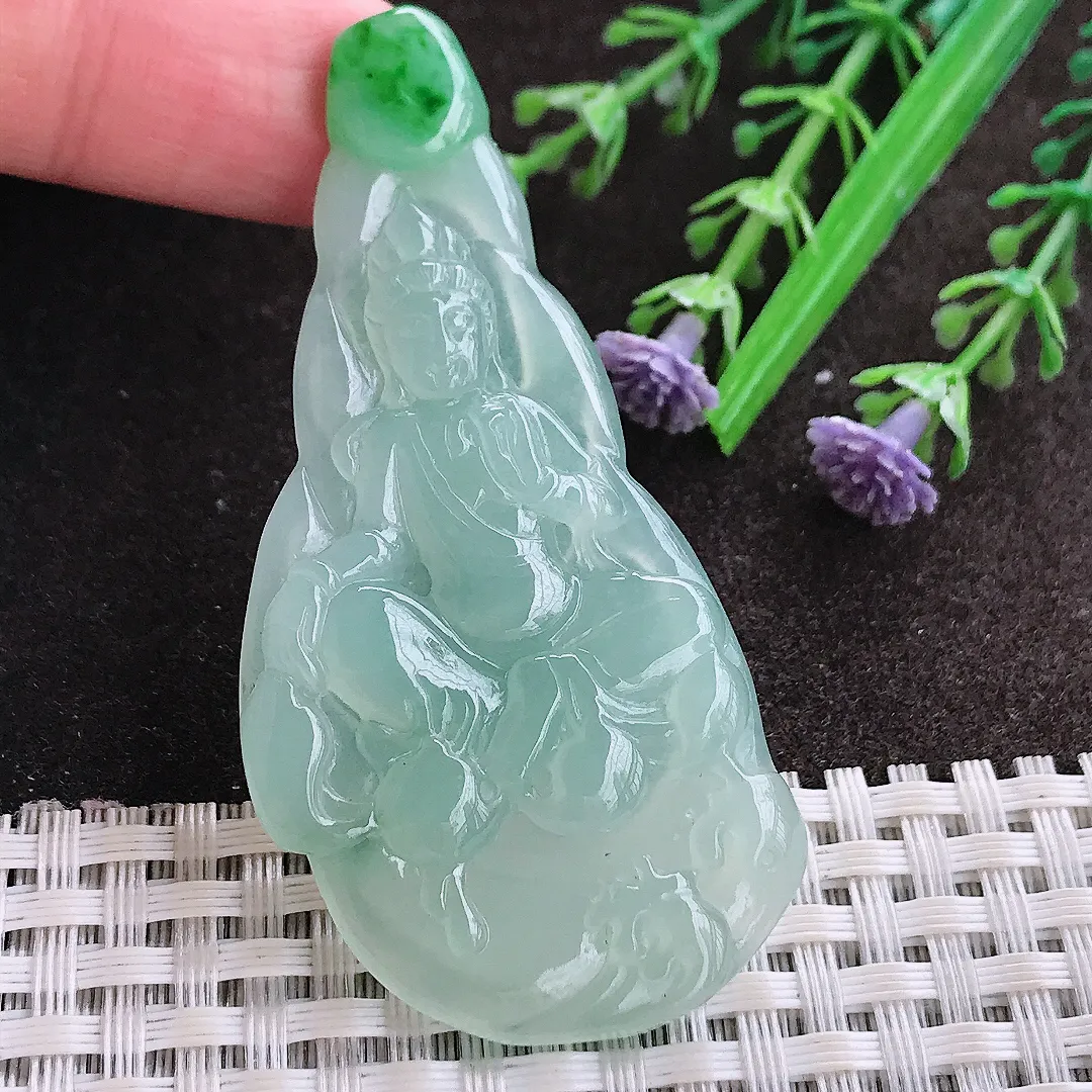 实拍A货翡翠65/31/4.6老坑冰胶水灵冰晴绿赐福观音吊坠翡翠玉牌挂件