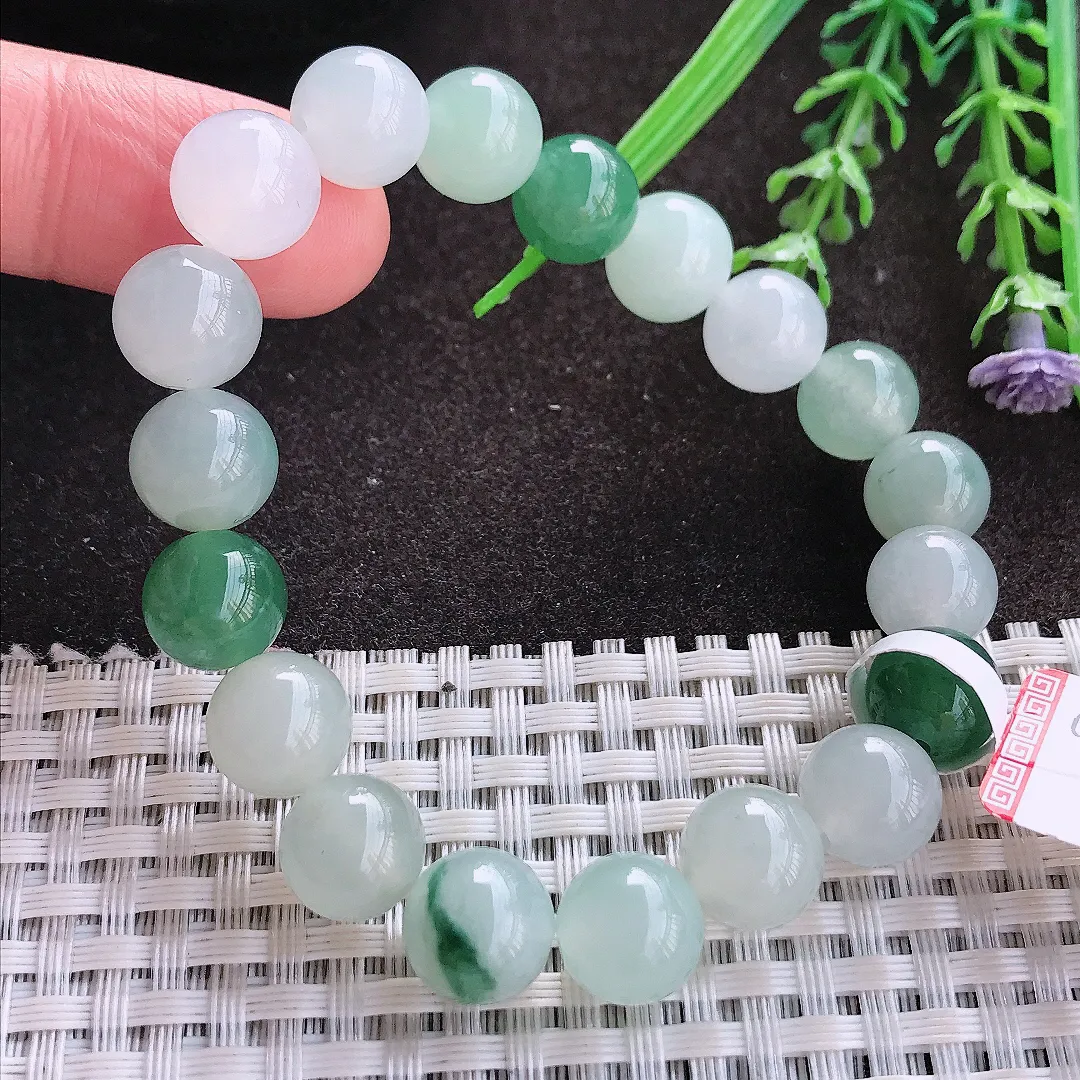 实拍A货翡翠10/19颗老坑冰胶水灵圆珠手链翡翠玉珠手串女