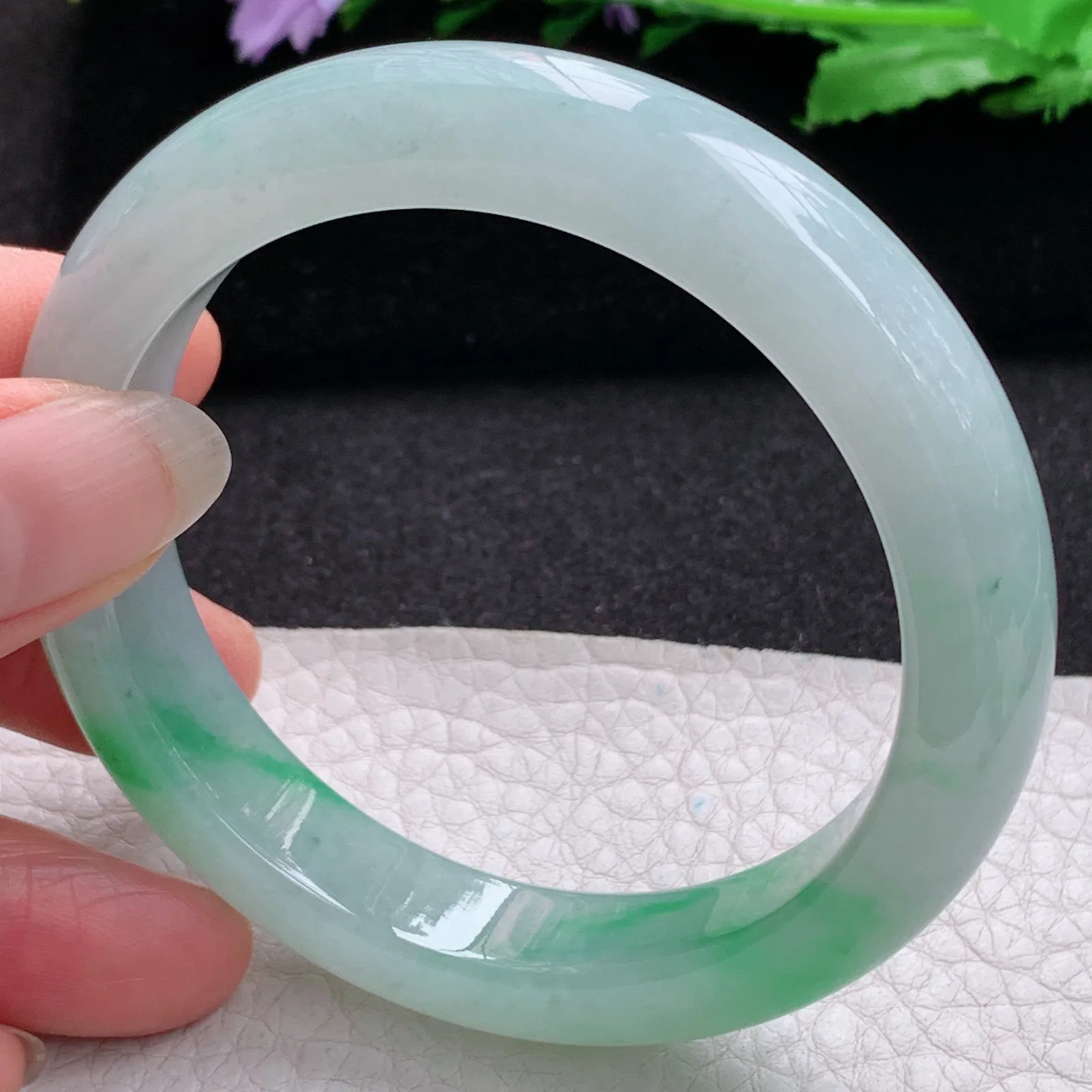 xo实拍57*12.8*9平安镯 缅甸翡翠a货玉手镯冰飘绿宽边玉手环