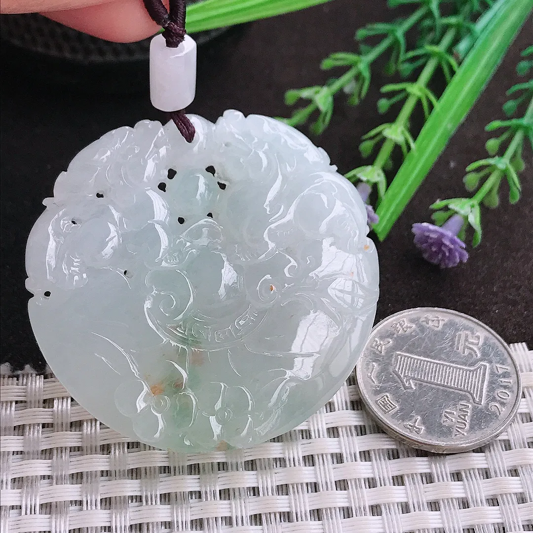 实拍A货翡翠48.3/50.5/9.5老坑冰胶果冻貔貅吊坠翡翠玉牌挂件