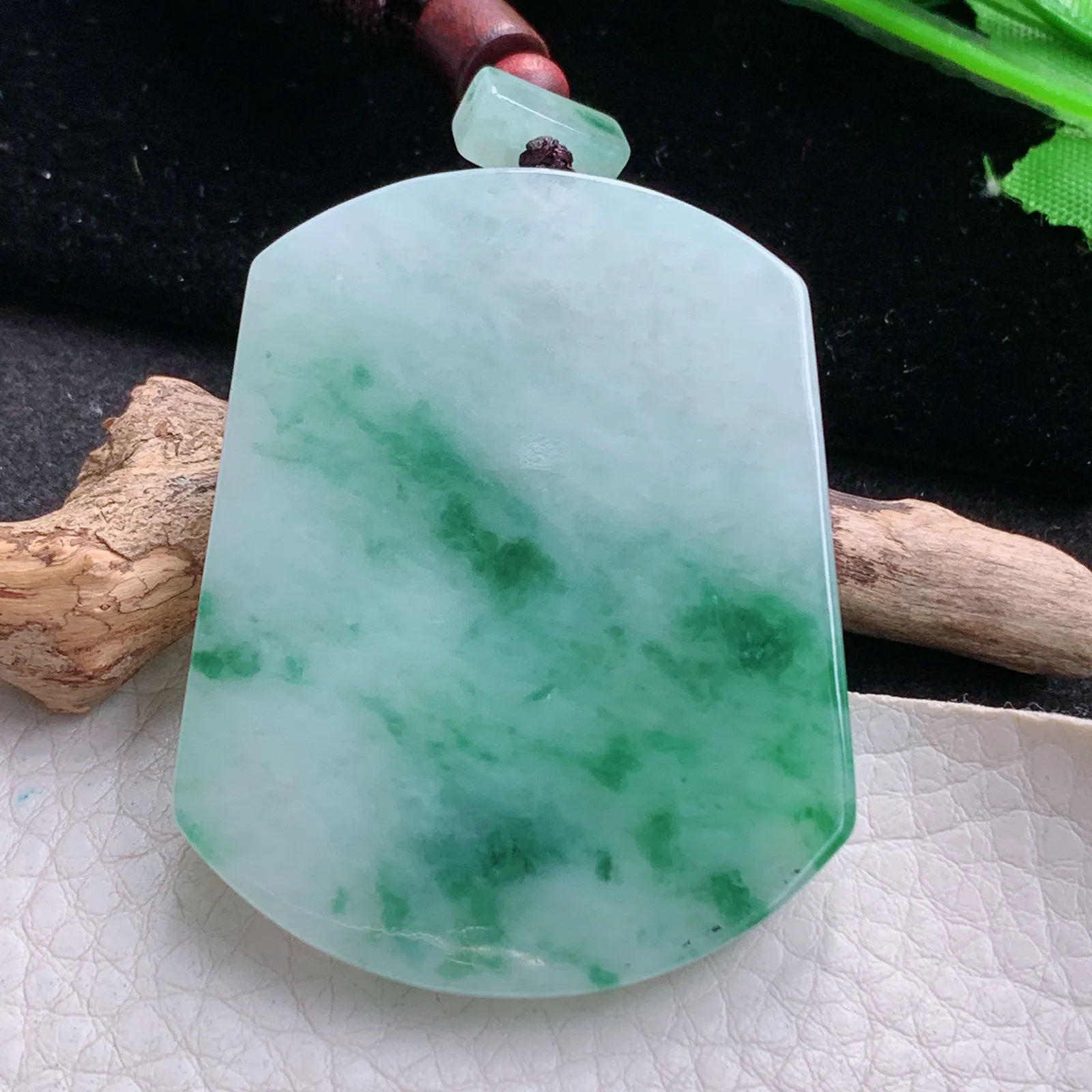 zen自然光54*43*5.8天然缅甸翡翠冰飘绿花平安无事牌 素面牌玉吊坠 玉挂