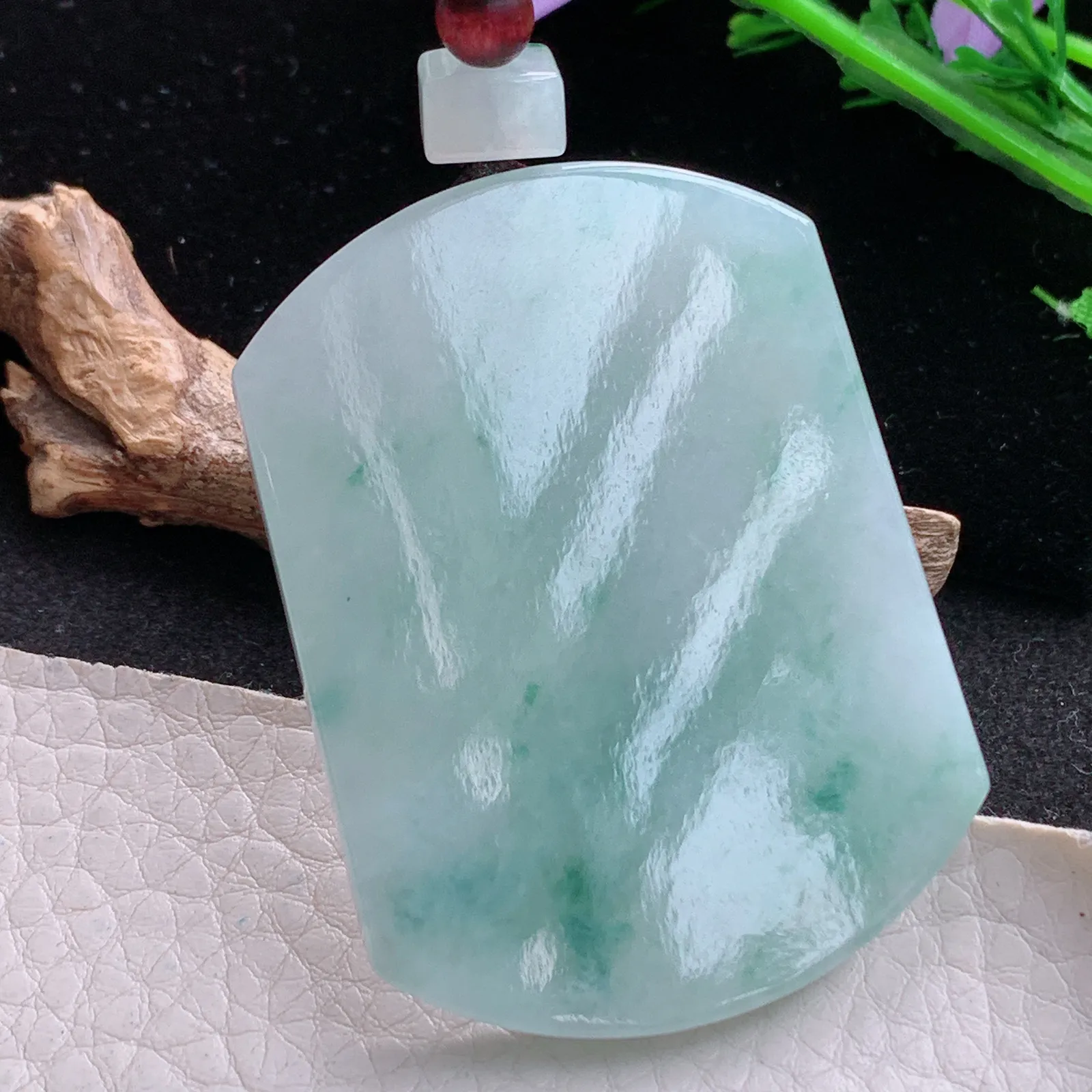 zen自然光55*41*5.8天然缅甸翡翠冰飘花平安无事牌 素面牌玉吊坠 玉挂件