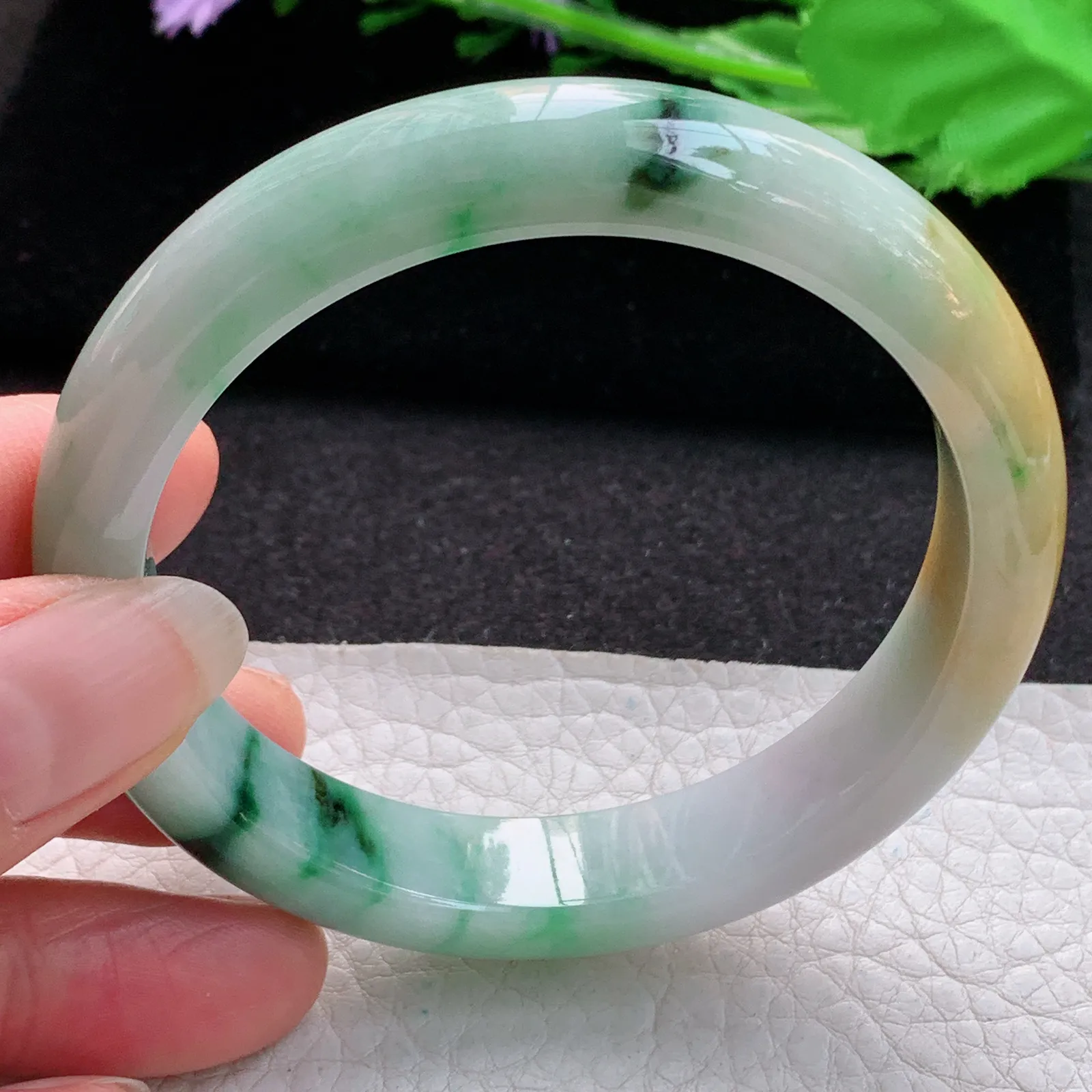 h实拍57.5*11.8*7.8平安镯 缅甸翡翠a货玉手镯胶感三彩宽边玉手环