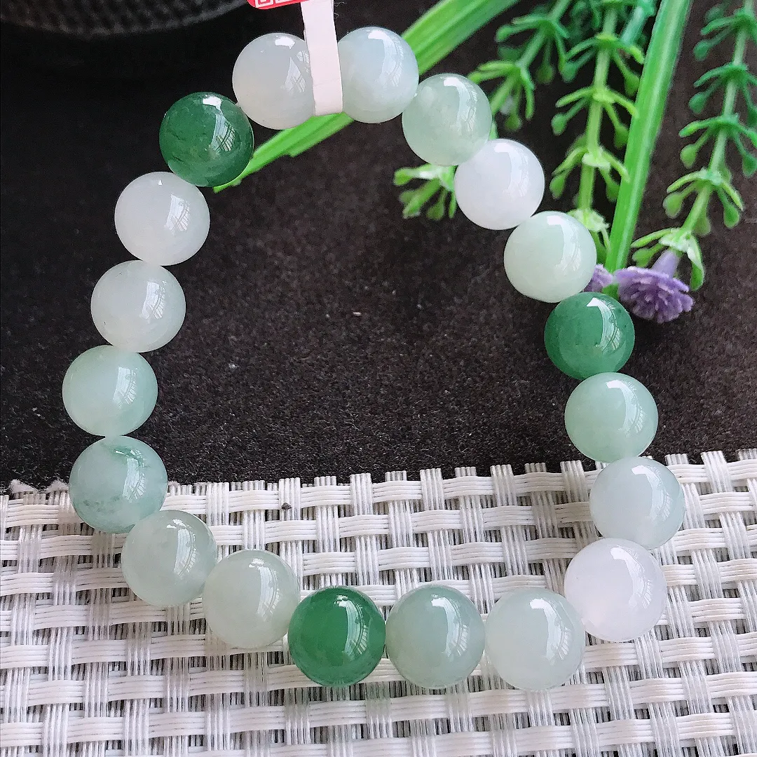 实拍A货翡翠10/19颗老坑冰胶水灵圆珠手链翡翠玉珠手串女