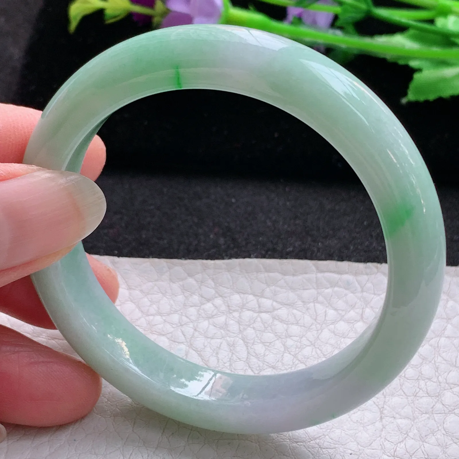 hf小圈口52*10.8*7.8平安镯 缅甸翡翠a货玉手镯秀气春带彩宽边玉手环