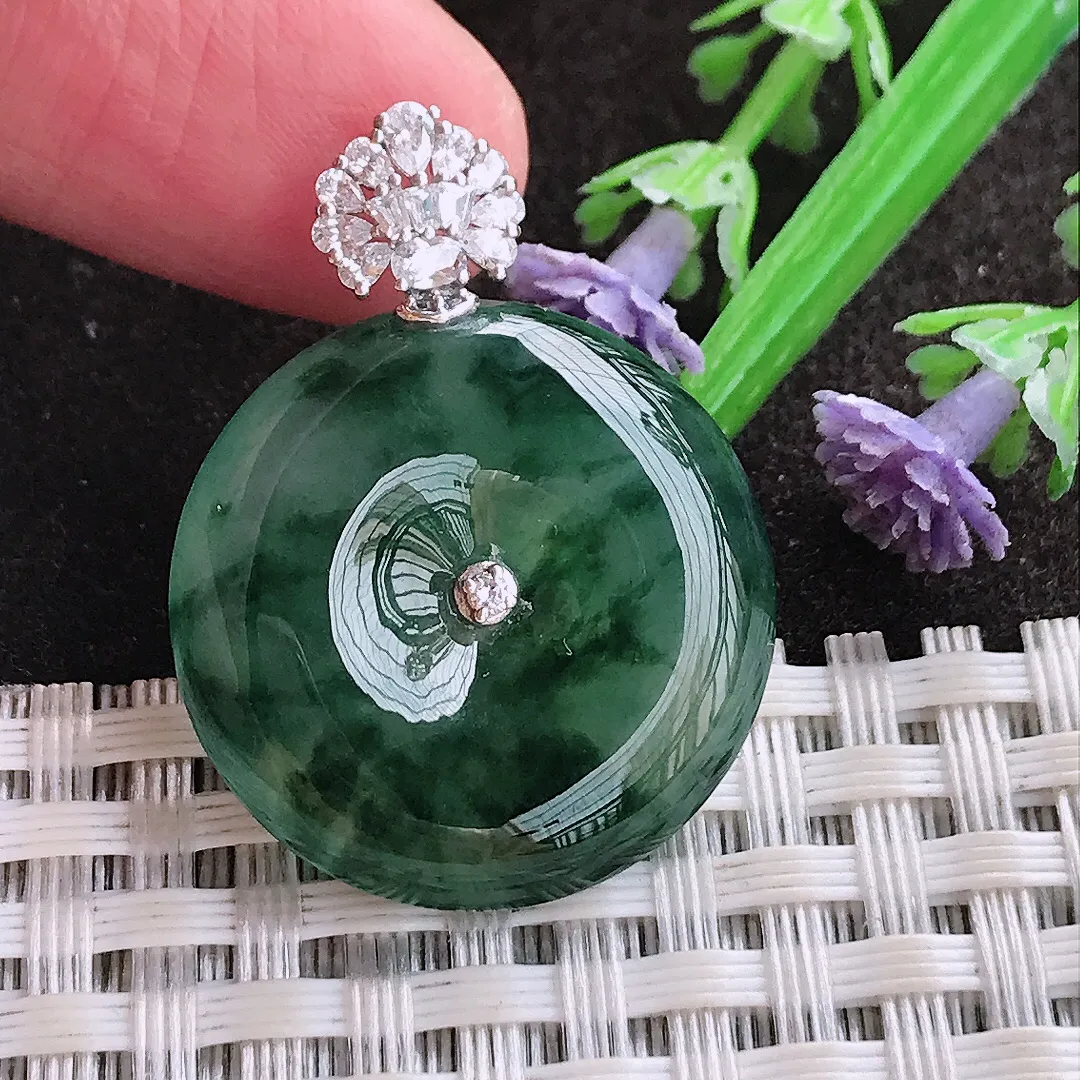 实拍A货翡翠24.2/5.8老坑18k金镶嵌冰胶飘花平安扣吊坠翡翠玉扣挂件