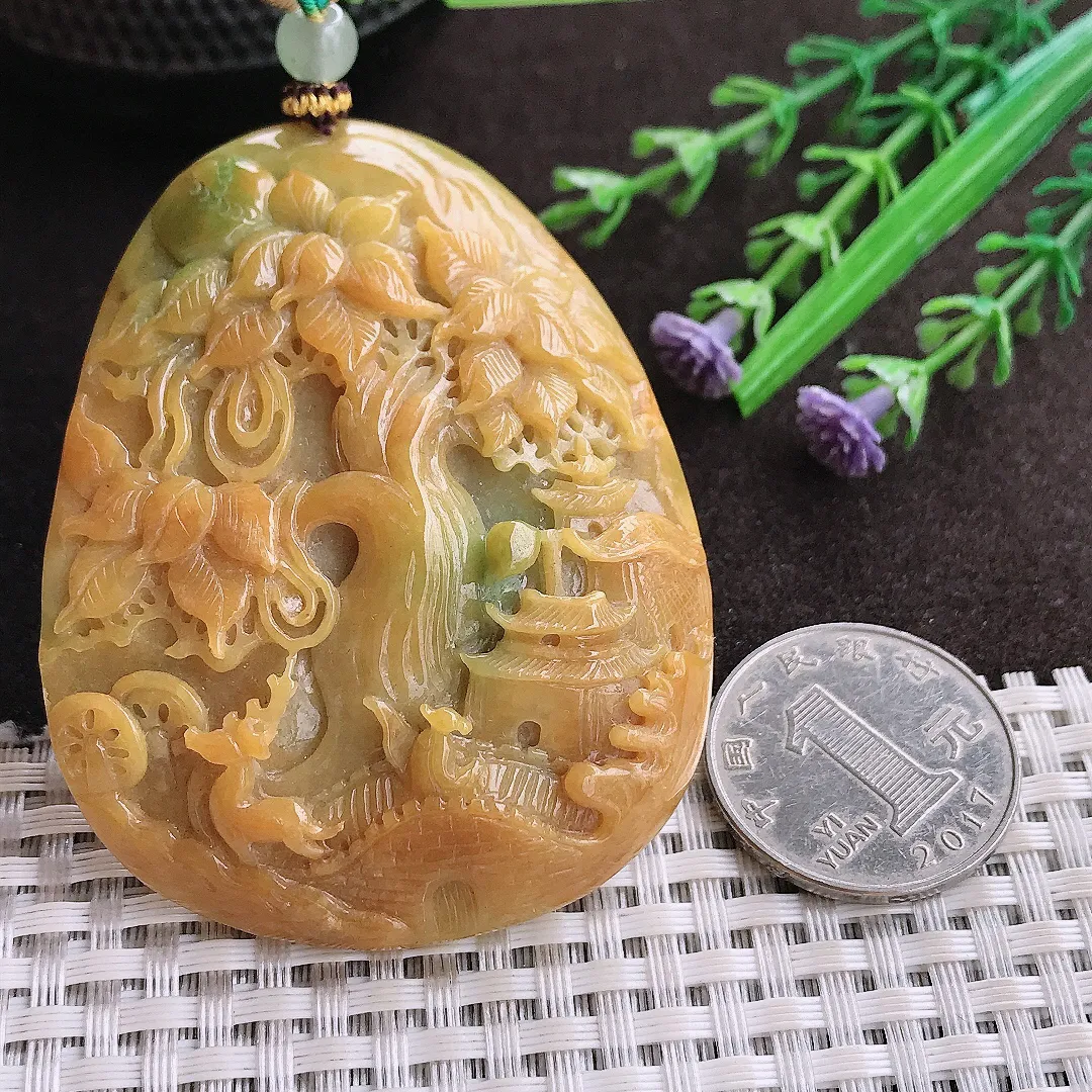 实拍A货翡翠65.6/50/13老坑精美温润黄翡山水牌吊坠翡翠玉牌挂件