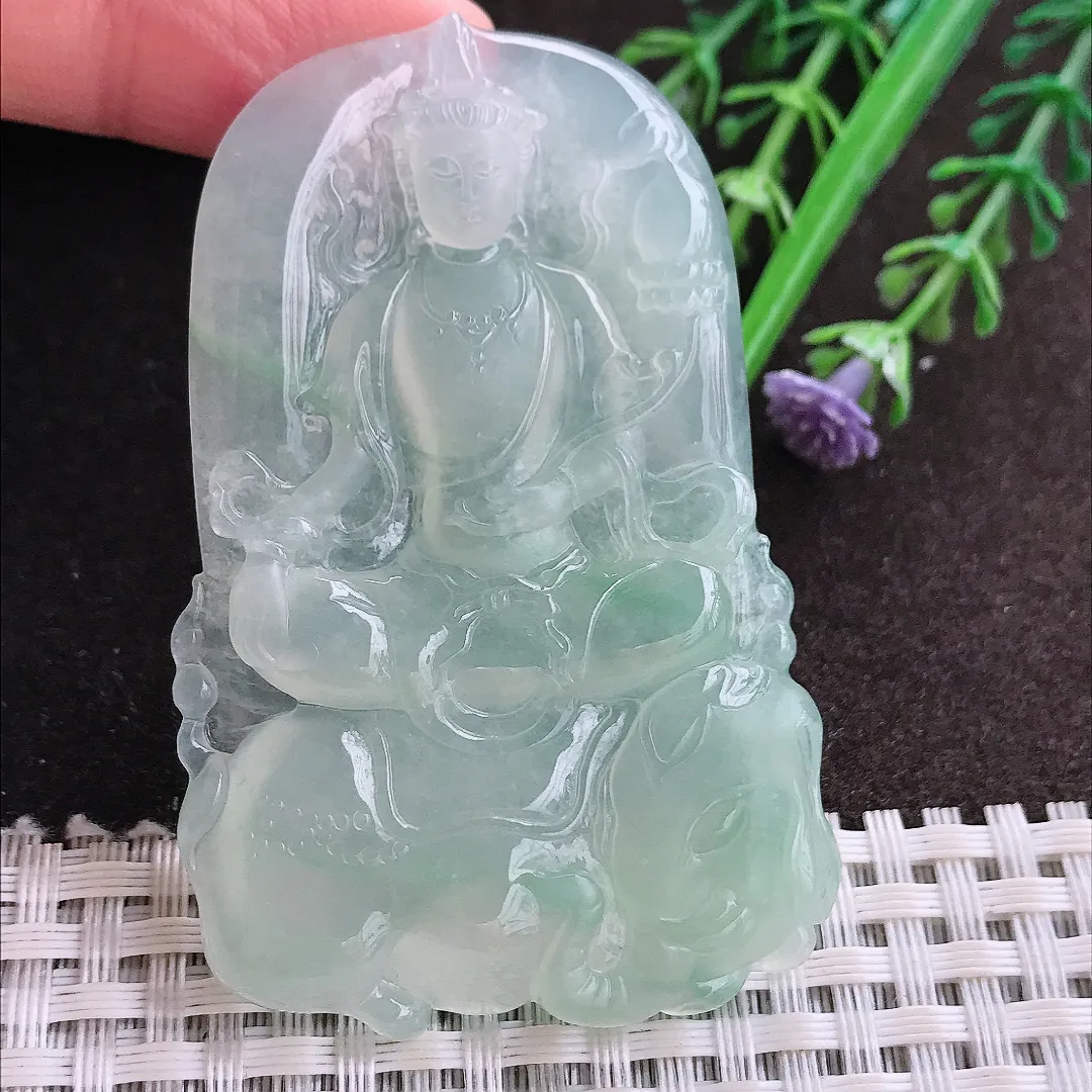 实拍A货翡翠64/42.5/6老坑冰胶果冻冰晴绿普贤菩萨吊坠翡翠玉观音挂件