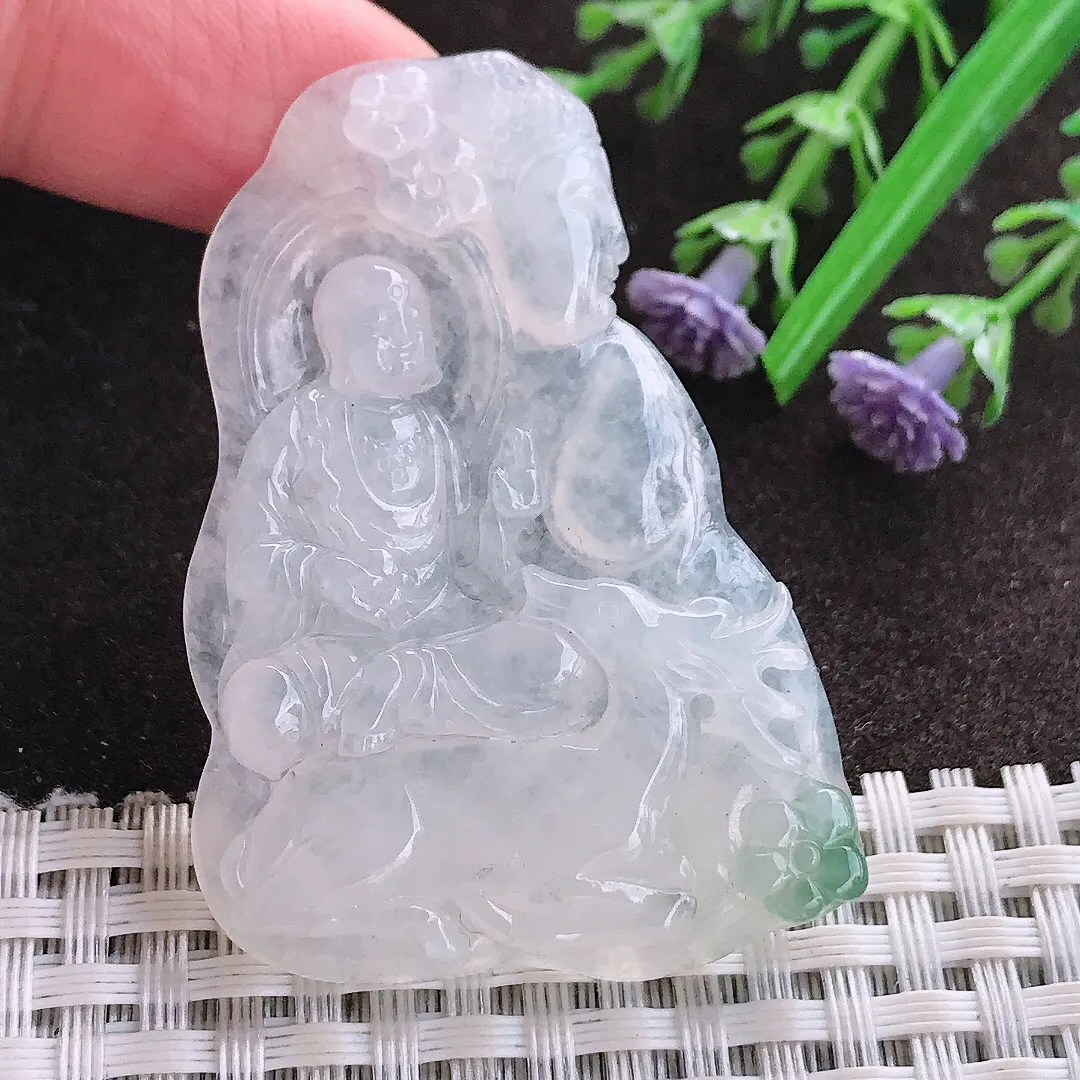 实拍A货翡翠52/36/5.5老坑冰润起胶地藏王菩萨吊坠翡翠玉牌挂件