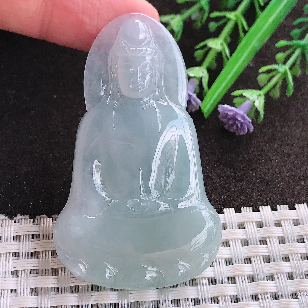 实拍A货翡翠58.6/35.2/5.7老坑冰胶水灵冰晴素衣观音吊坠翡翠玉牌挂件