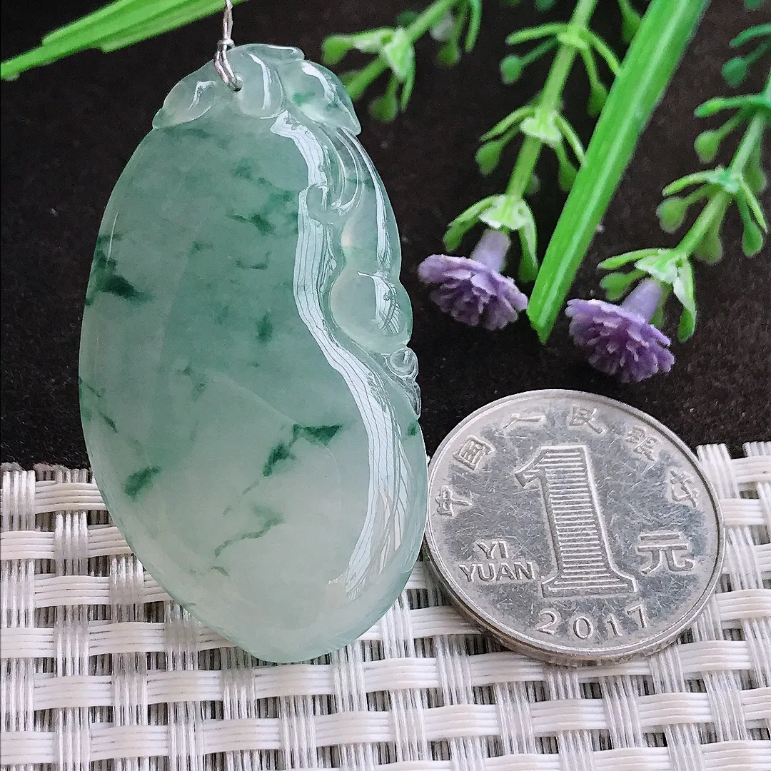 实拍A货翡翠47.5/26/6.4老坑冰胶果冻冰飘花福瓜吊坠翡翠玉牌挂件