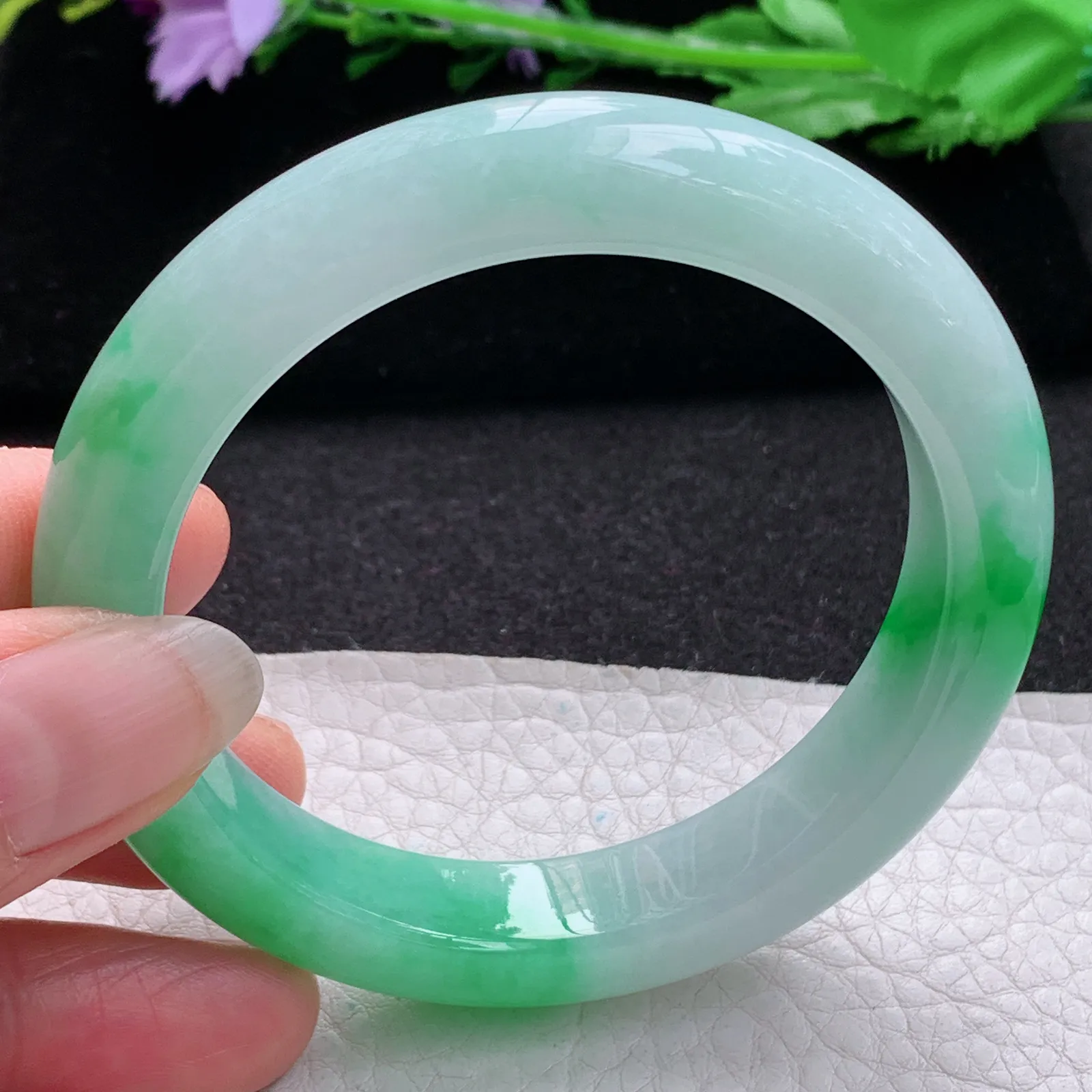 xo实拍55.5*12*9平安镯 缅甸翡翠a货玉手镯冰绿宽边玉手环