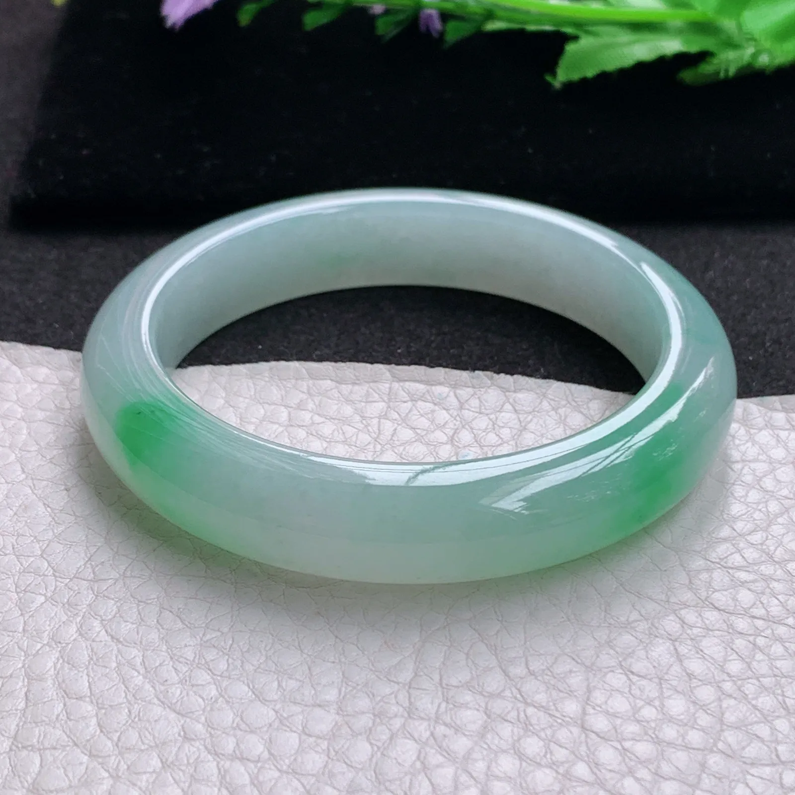 xo实拍57*12.8*9平安镯 缅甸翡翠a货玉手镯冰飘绿宽边玉手环