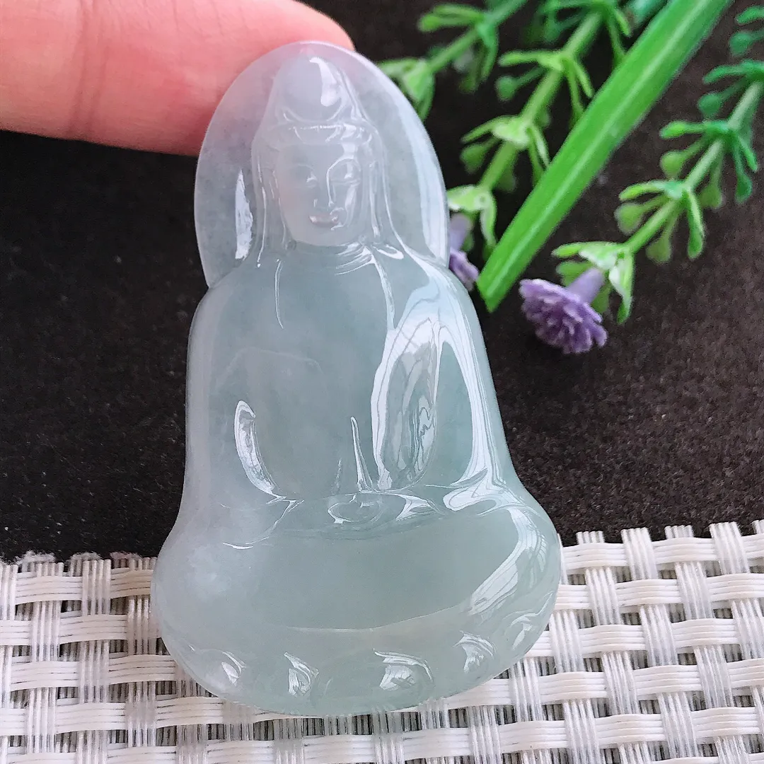 实拍A货翡翠58.6/35.2/5.7老坑冰胶水灵冰晴素衣观音吊坠翡翠玉牌挂件