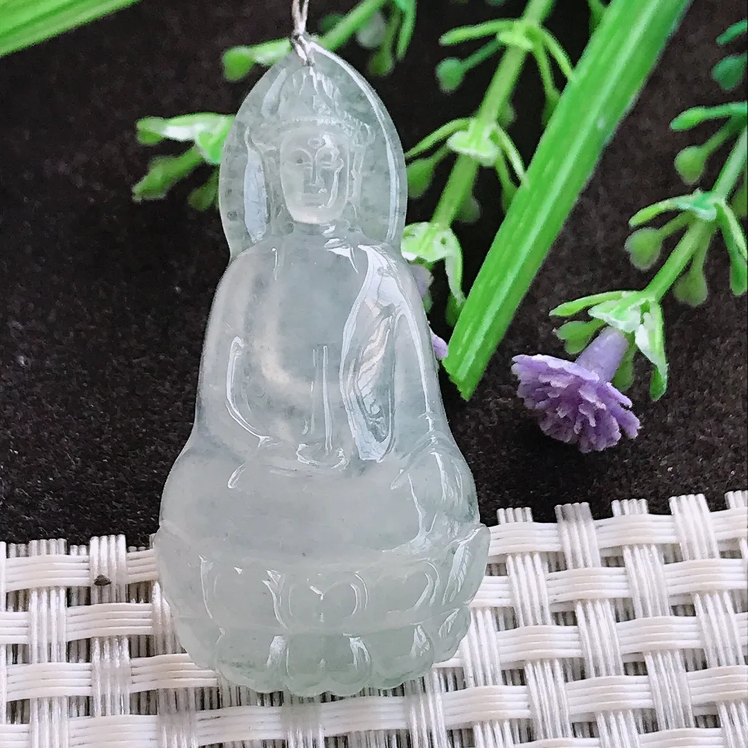 实拍A货翡翠44/22.5/5.5老坑冰种起胶冰晴素衣观音吊坠翡翠玉牌挂件
