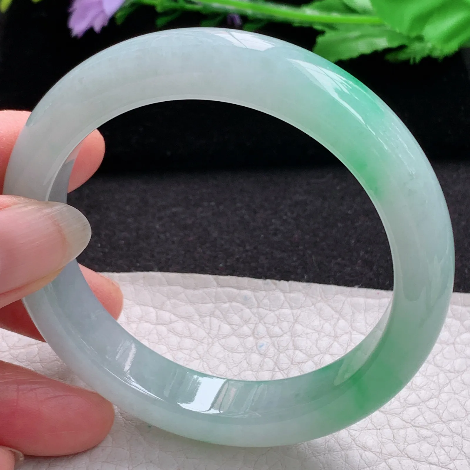 xo实拍57*12.8*9平安镯 缅甸翡翠a货玉手镯冰飘绿宽边玉手环