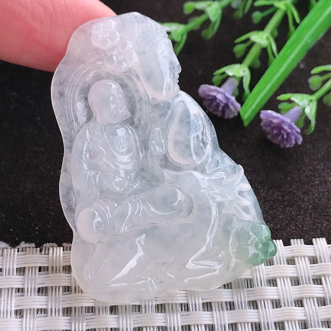 实拍A货翡翠52/36/5.5老坑冰润起胶地藏王菩萨吊坠翡翠玉牌挂件