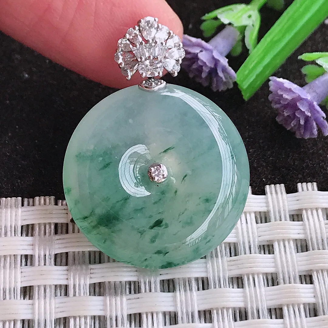 实拍A货翡翠22.3/5.8老坑18k金镶嵌冰种飘花平安扣吊坠翡翠玉牌挂件