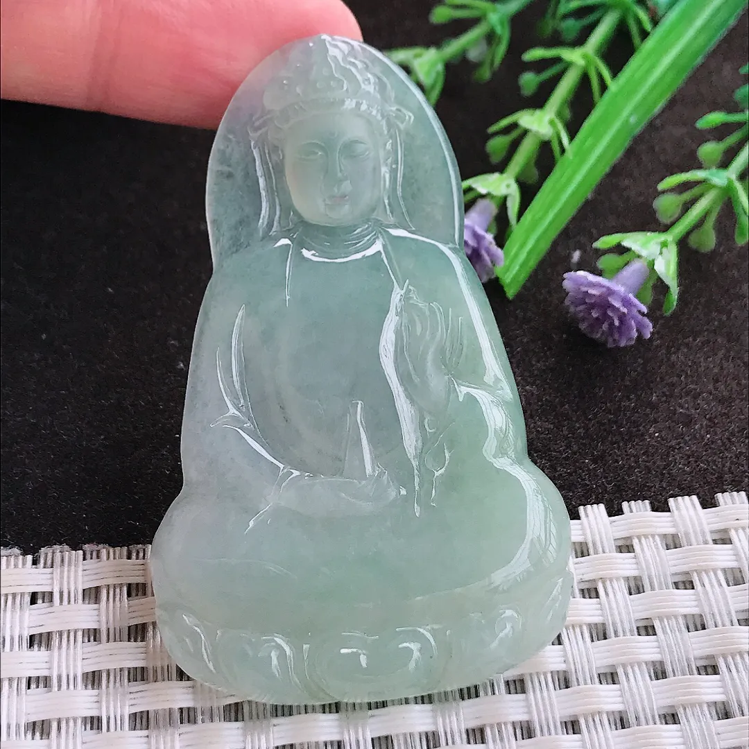 实拍A货翡翠59.5/37.5/4.6老坑冰润起胶冰晴绿素衣观音吊坠翡翠玉牌挂件